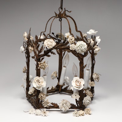 Italianate Porcelain Flowers and Part Gilt Metal Cage Pendant Light Italianate Porcelain Flowers and Part Gilt Metal Cage Pendant Light
