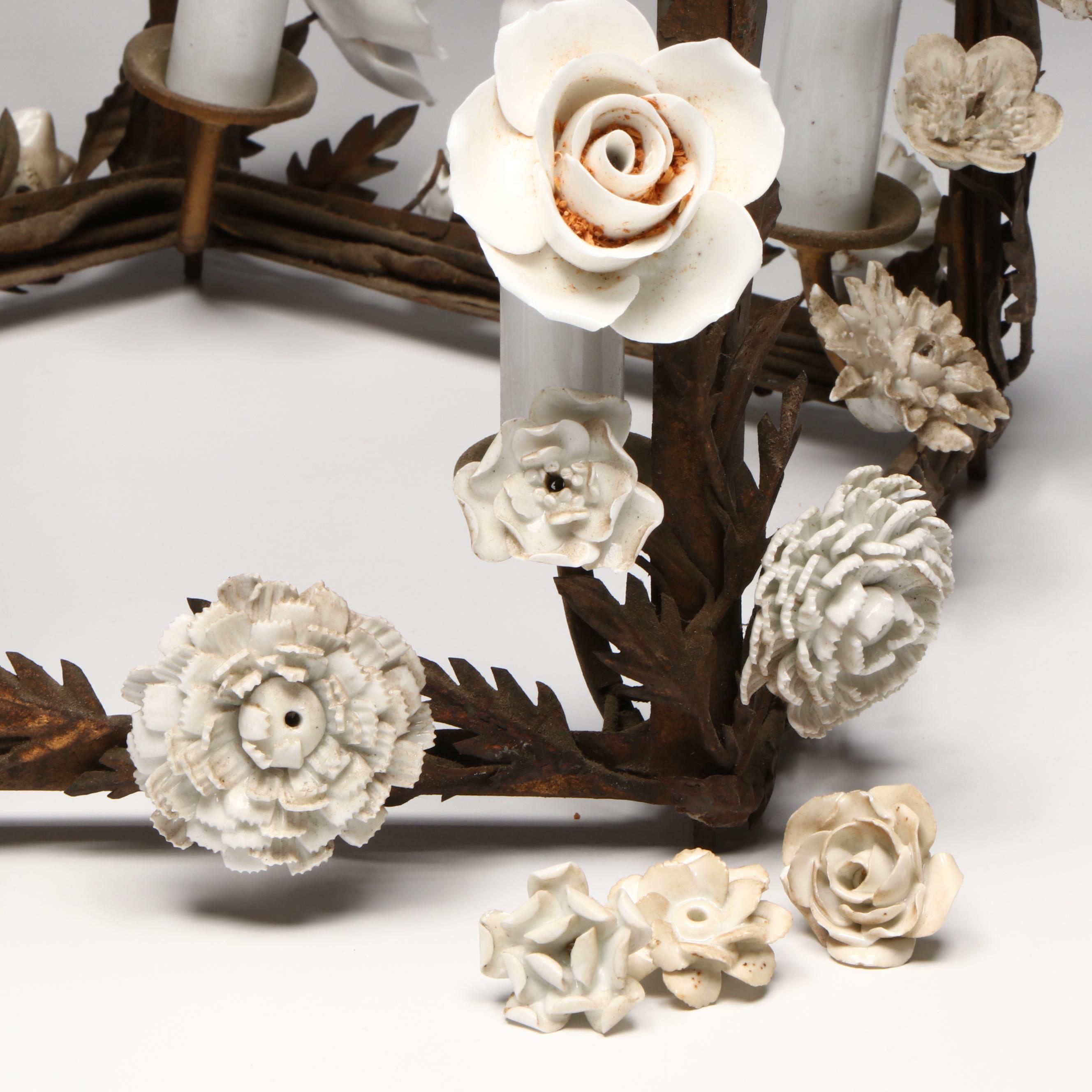 Italianate Porcelain Flowers and Part Gilt Metal Cage Pendant Light