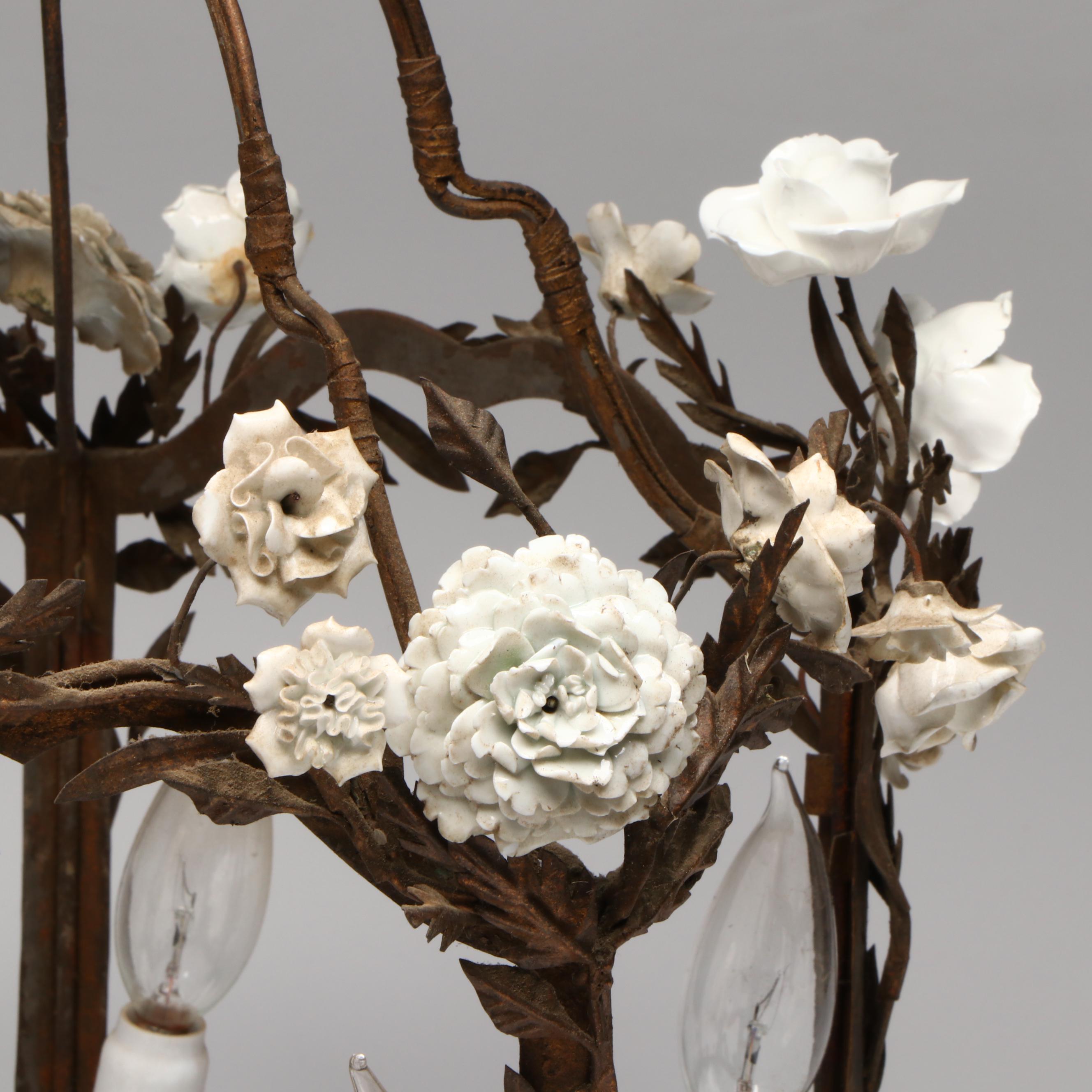 Italianate Porcelain Flowers and Part Gilt Metal Cage Pendant Light