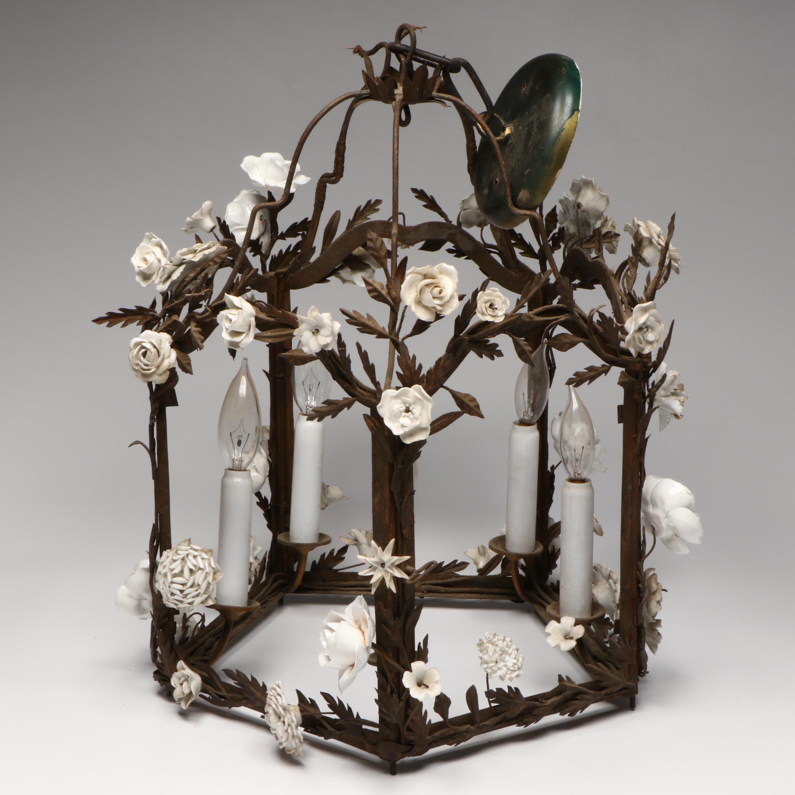 Italianate Porcelain Flowers and Part Gilt Metal Cage Pendant Light