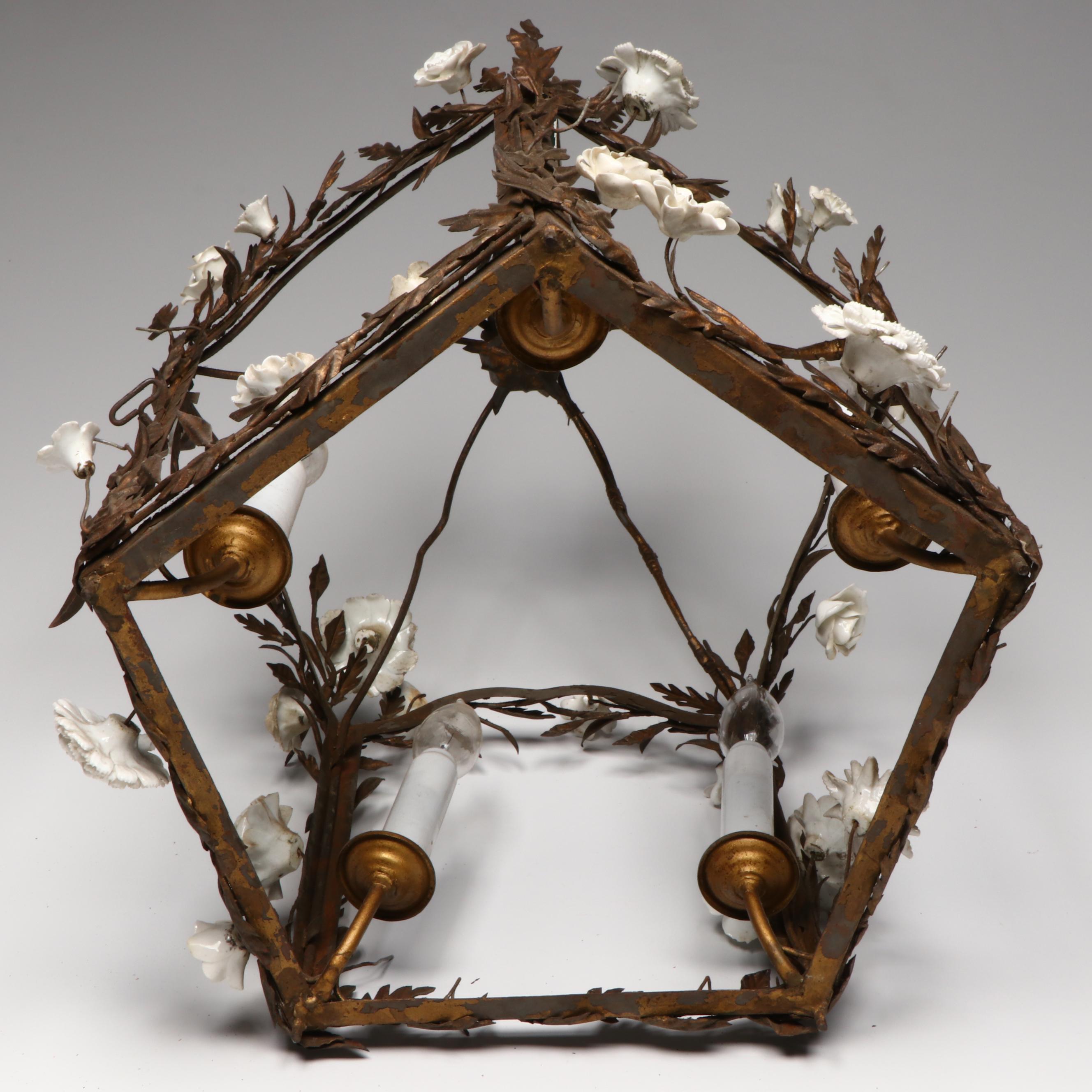 Italianate Porcelain Flowers and Part Gilt Metal Cage Pendant Light