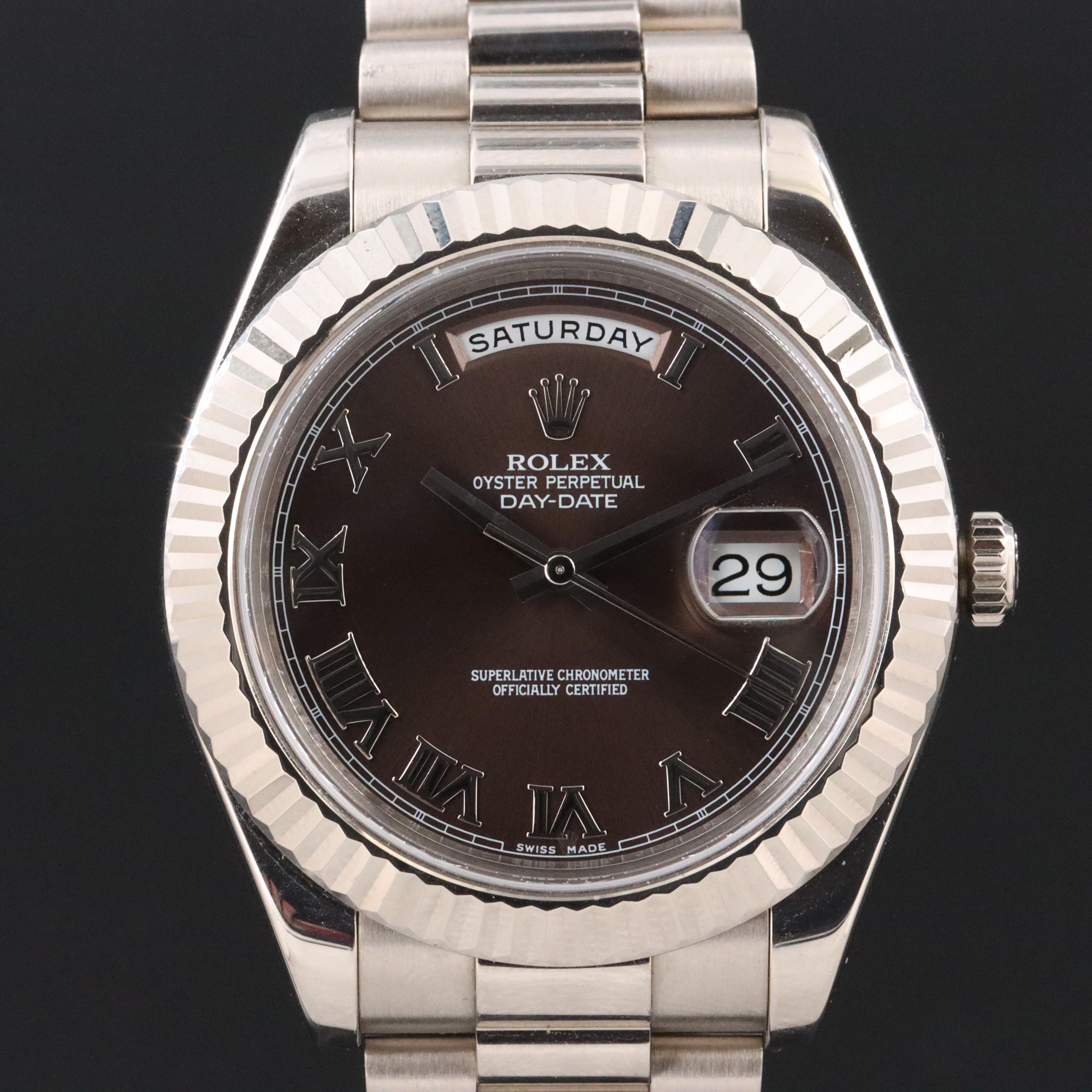 Rolex Day-Date II 218239 Chocolate 41mm 18K White Gold Automatic Watch