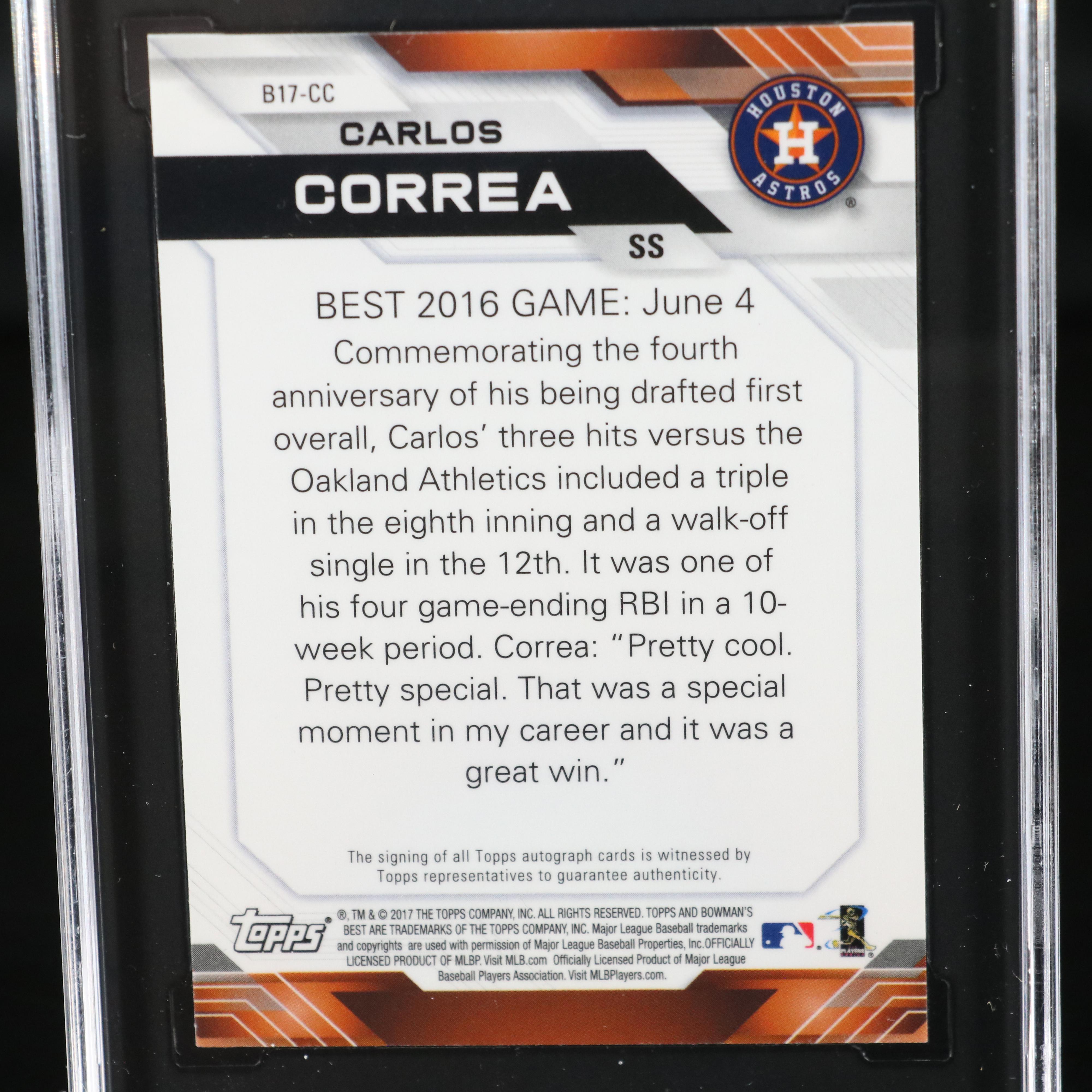 2017 Bowman’s Best Carlos Correa Signed Baseball Card Graded SGC 9