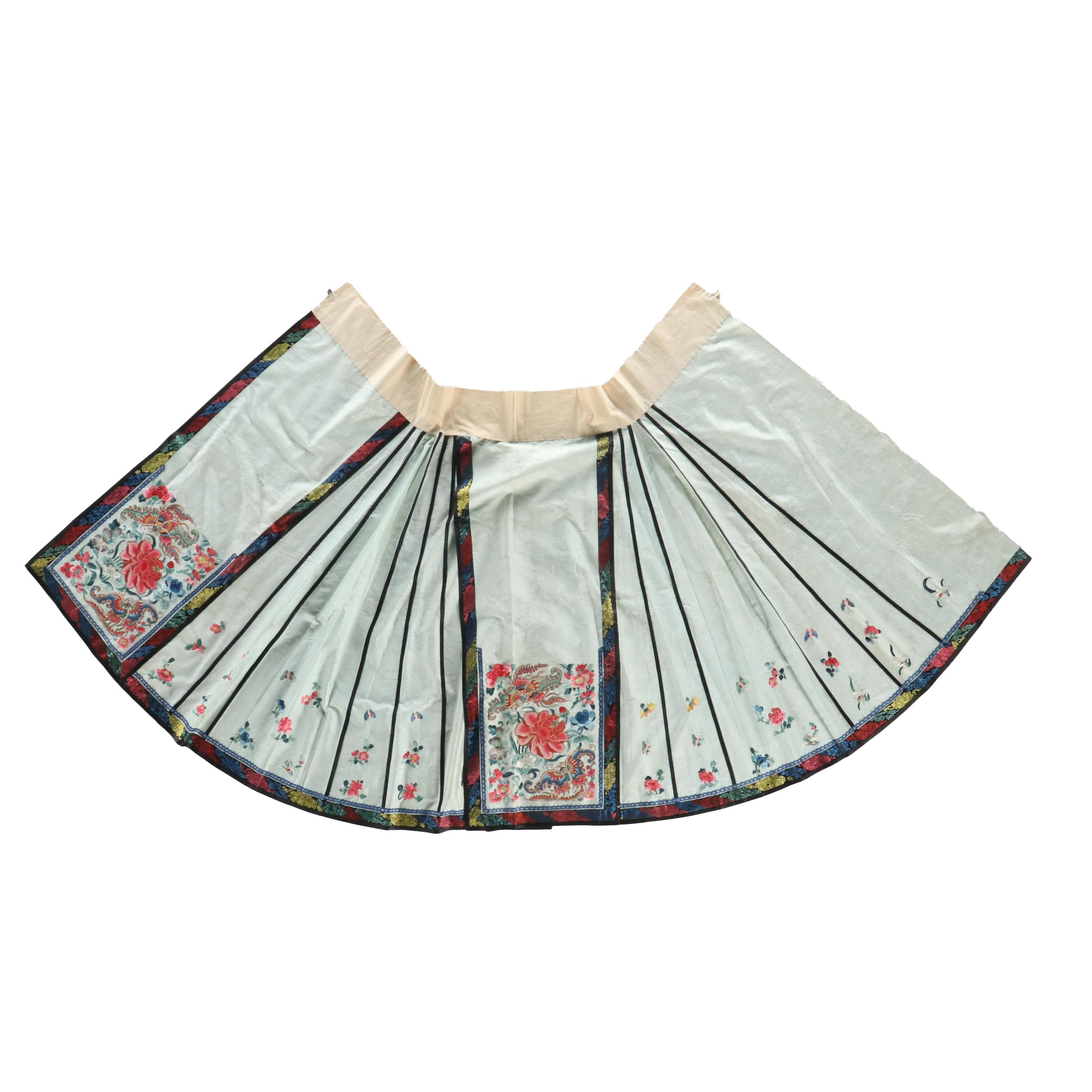Chinese Qun Style Skirt in Silk Jacquard with Floral and Moth Embroidery