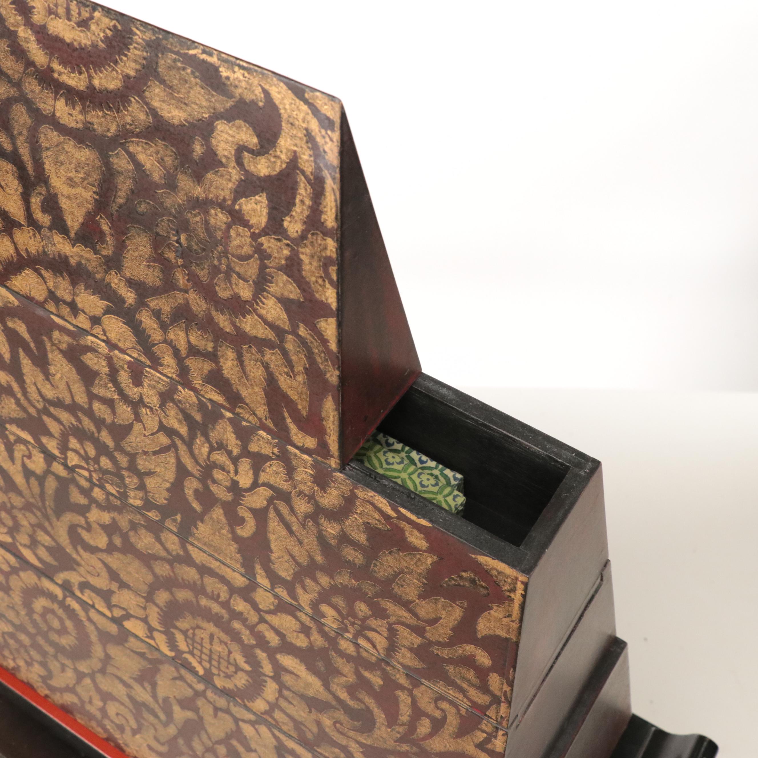 Southeast Asian Style Wooden Triangular Box with Stand and Chopsticks