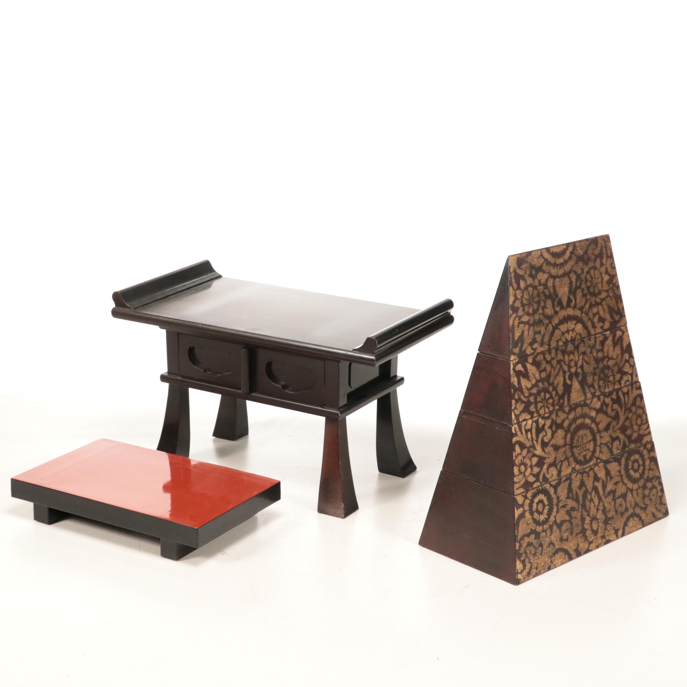 Southeast Asian Style Wooden Triangular Box with Stand and Chopsticks