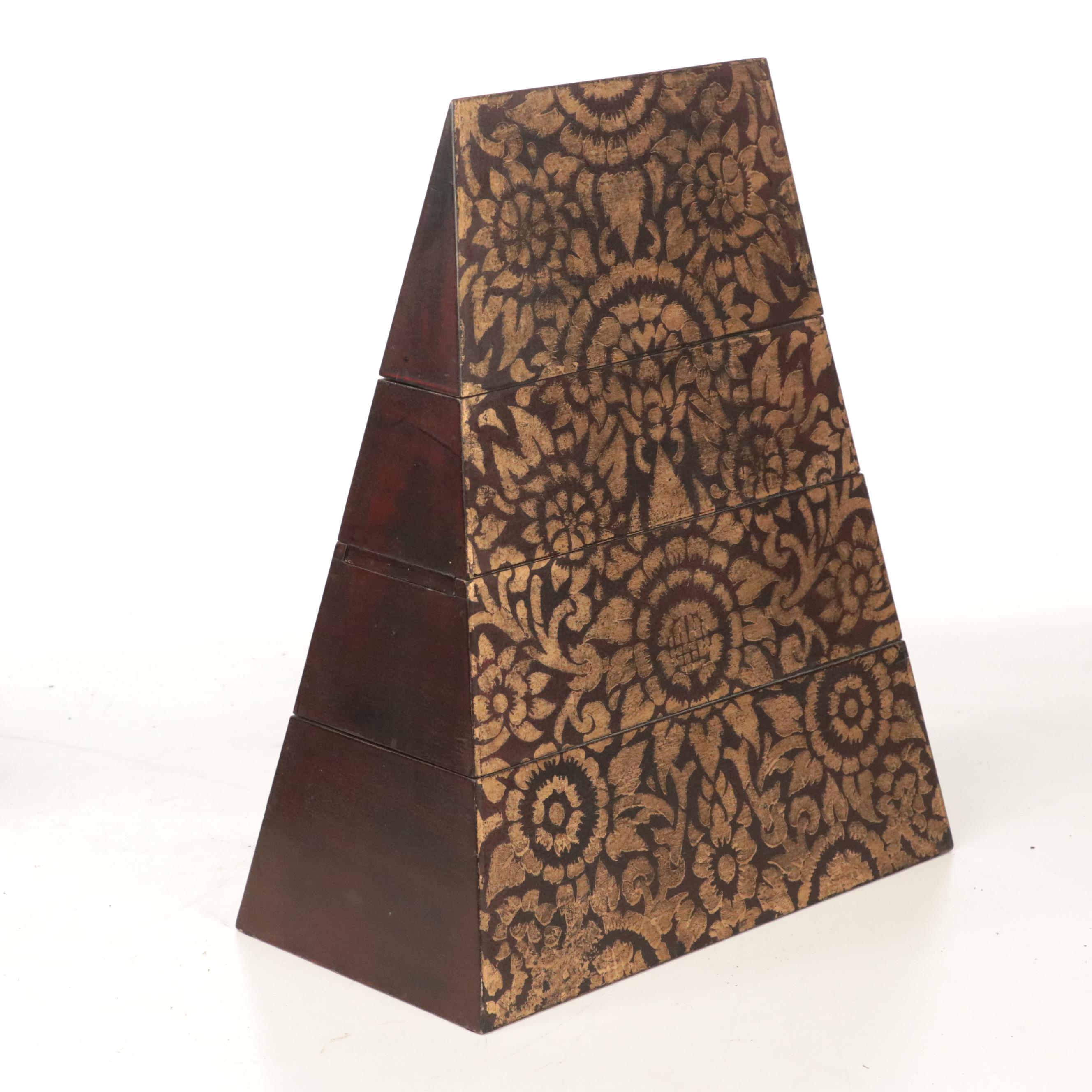 Southeast Asian Style Wooden Triangular Box with Stand and Chopsticks