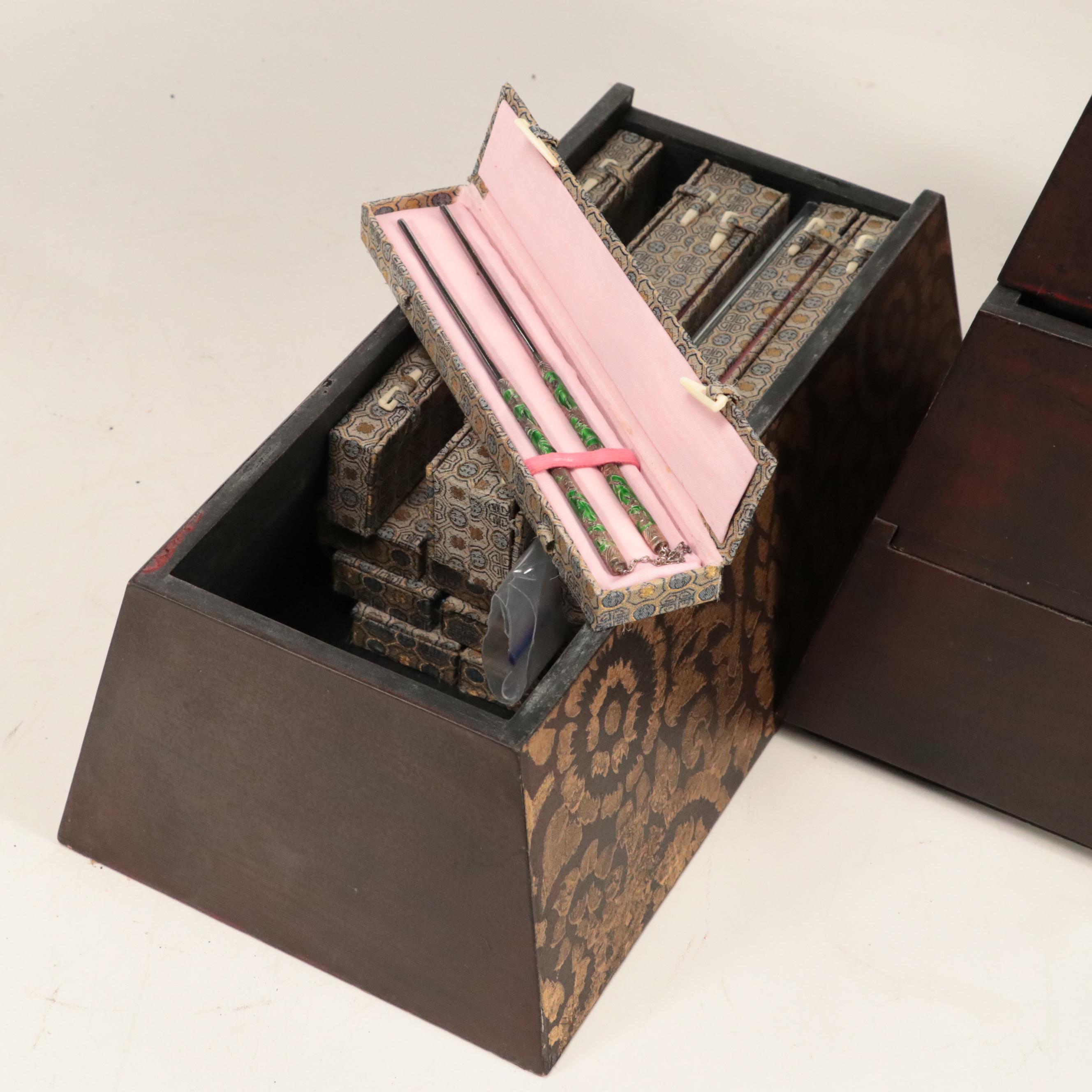 Southeast Asian Style Wooden Triangular Box with Stand and Chopsticks