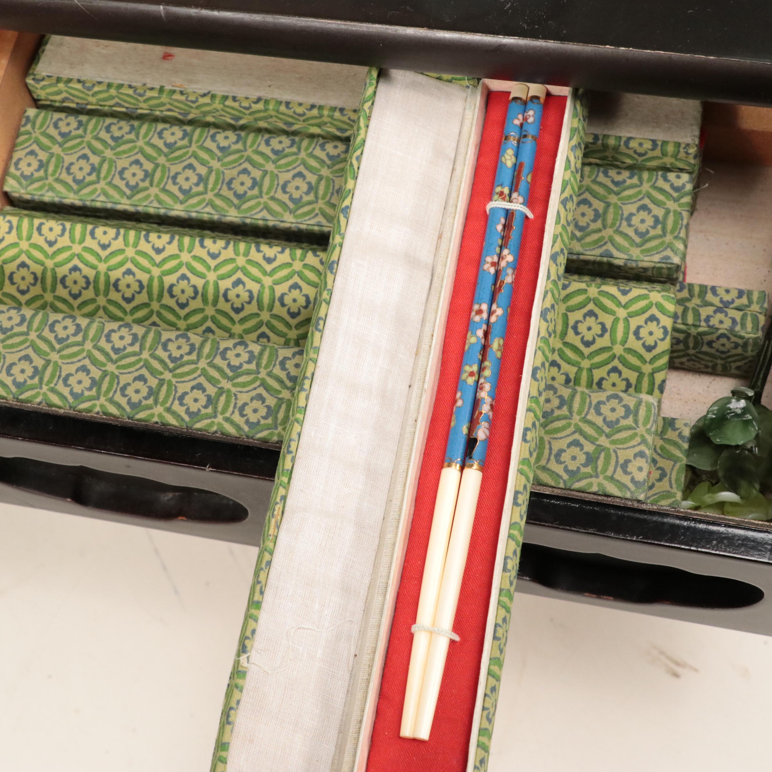 Southeast Asian Style Wooden Triangular Box with Stand and Chopsticks