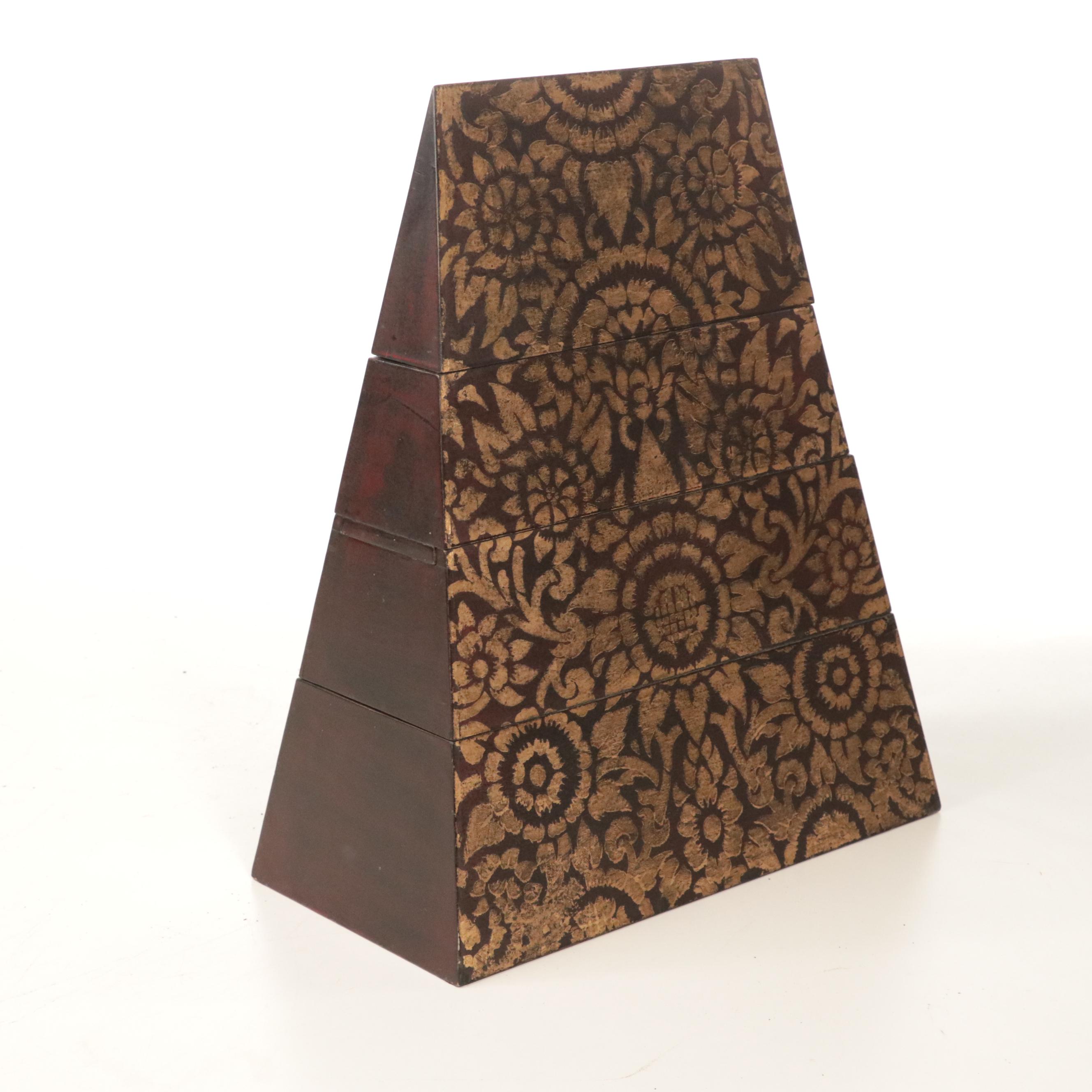 Southeast Asian Style Wooden Triangular Box with Stand and Chopsticks