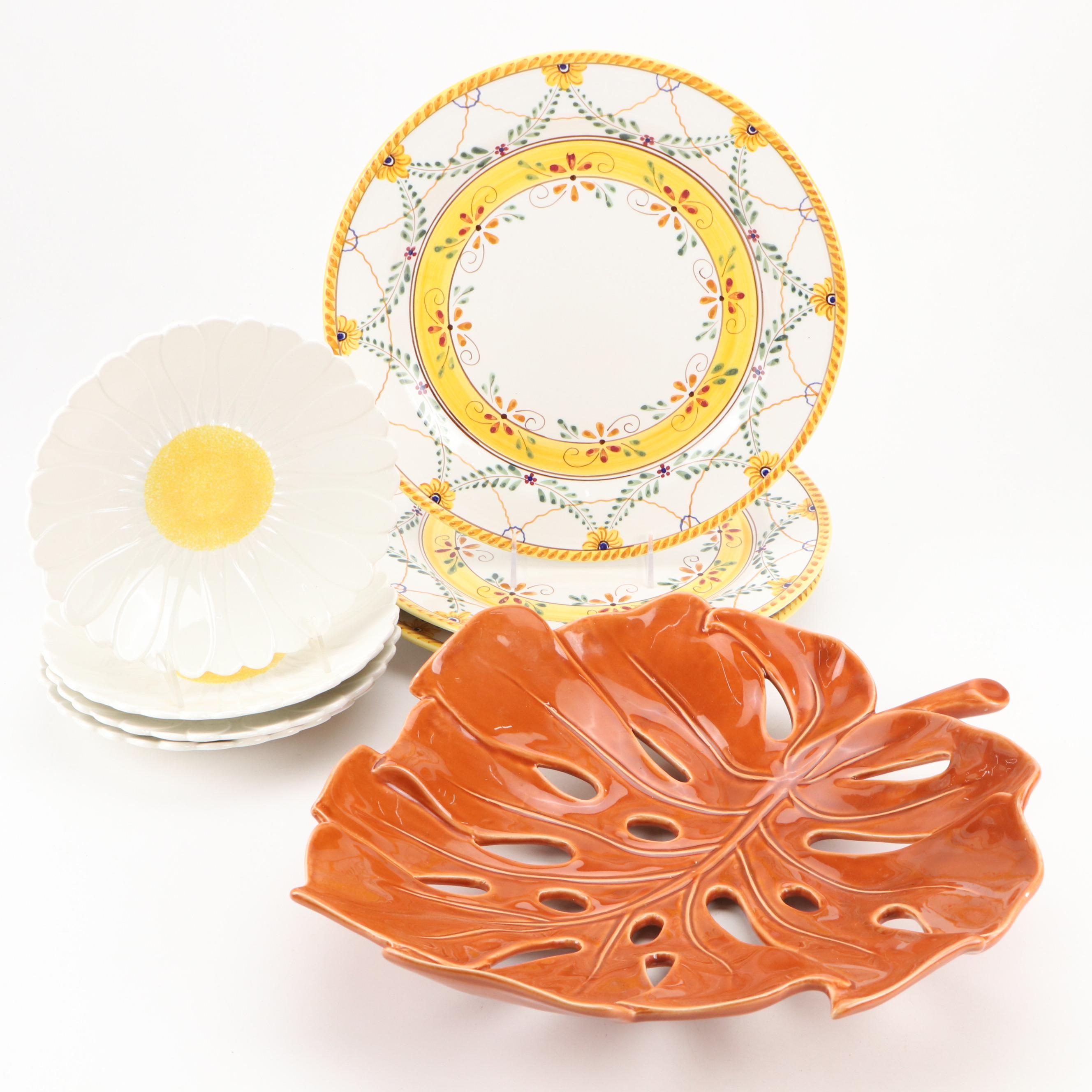 Gien Porcelain Daisy Salad Plates with Reticulated Leaf Bowl and More