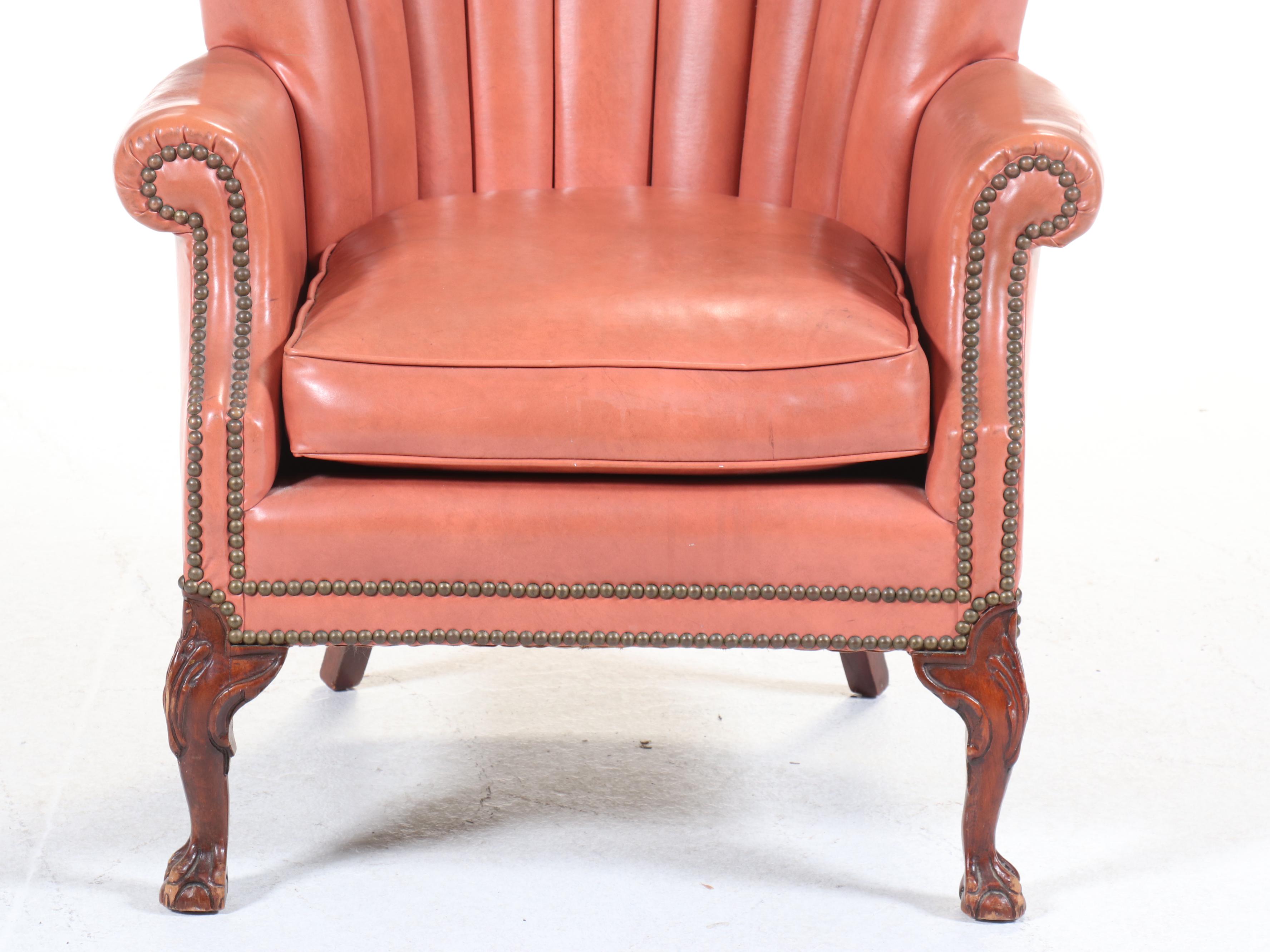 Art Deco Style Coral Vinyl Channel Back Armchair
