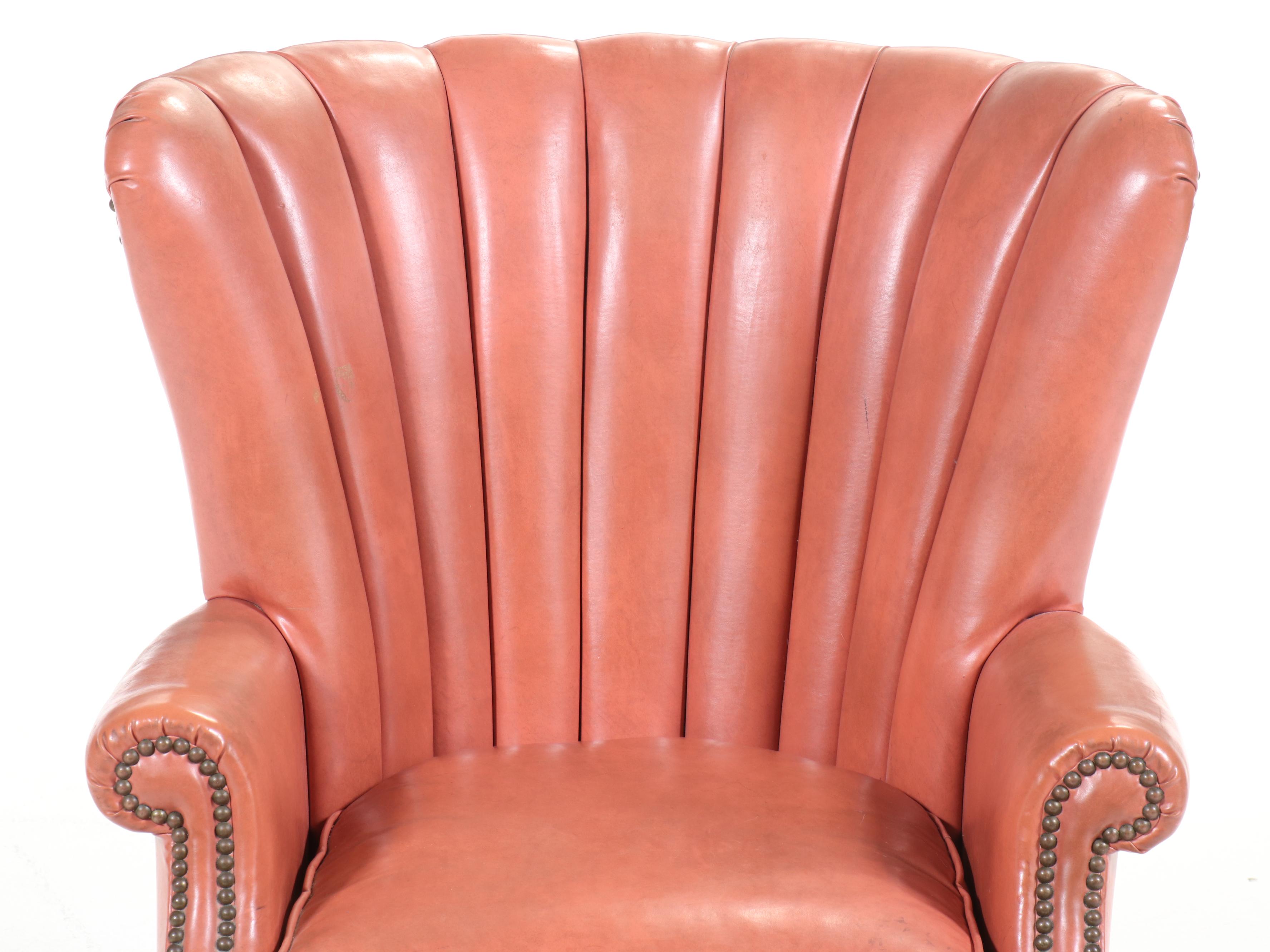 Art Deco Style Coral Vinyl Channel Back Armchair