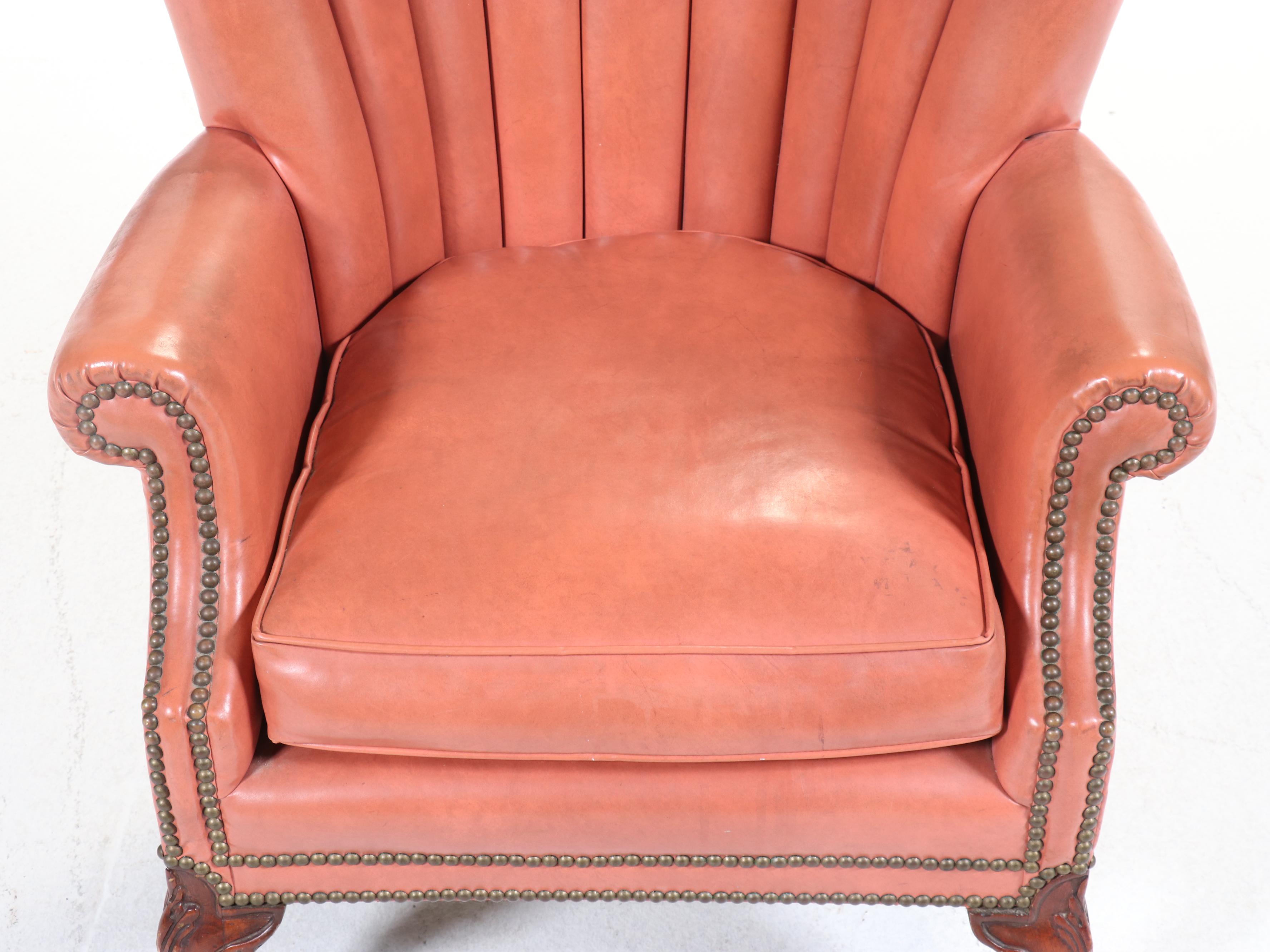 Art Deco Style Coral Vinyl Channel Back Armchair