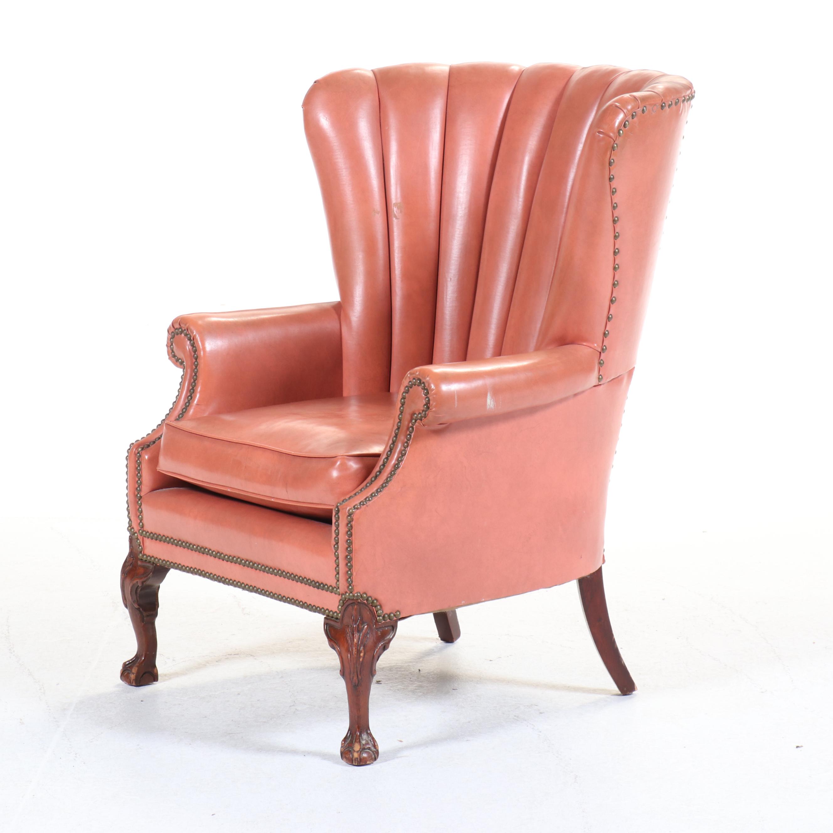 Art Deco Style Coral Vinyl Channel Back Armchair