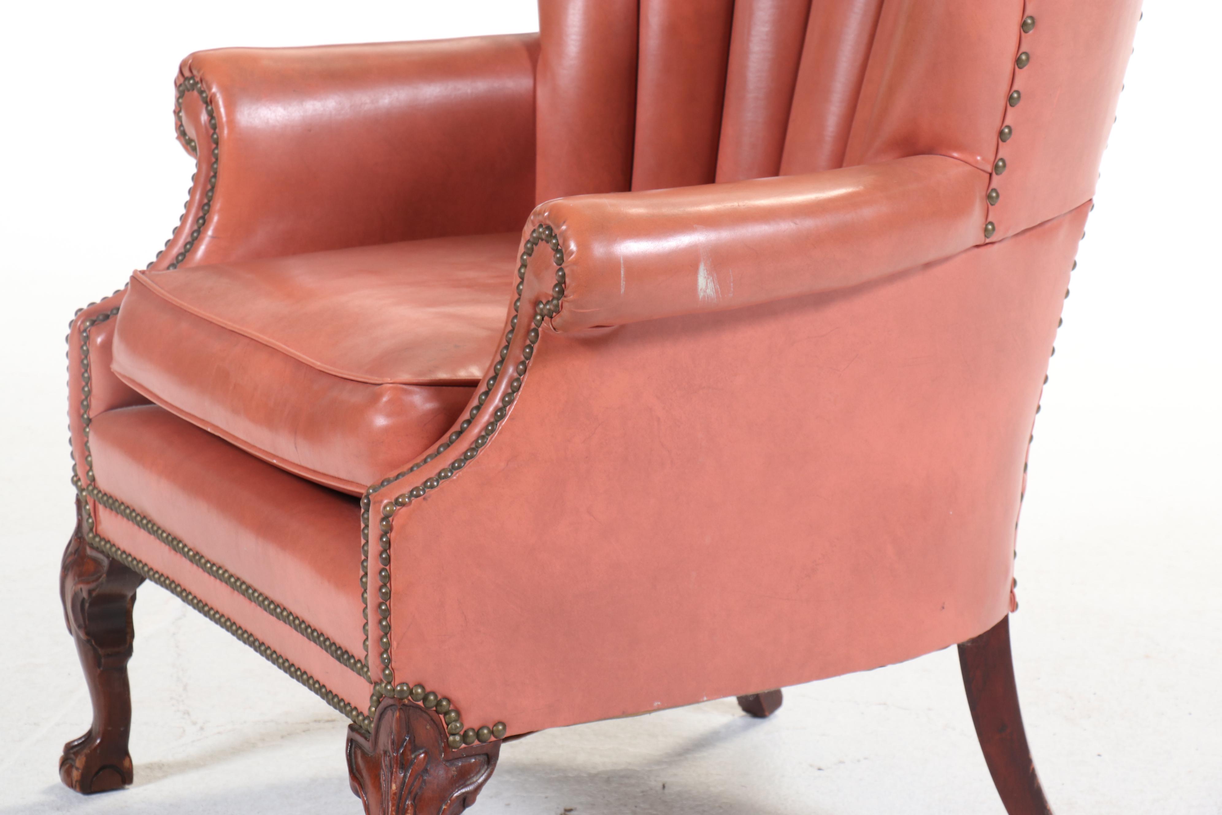 Art Deco Style Coral Vinyl Channel Back Armchair