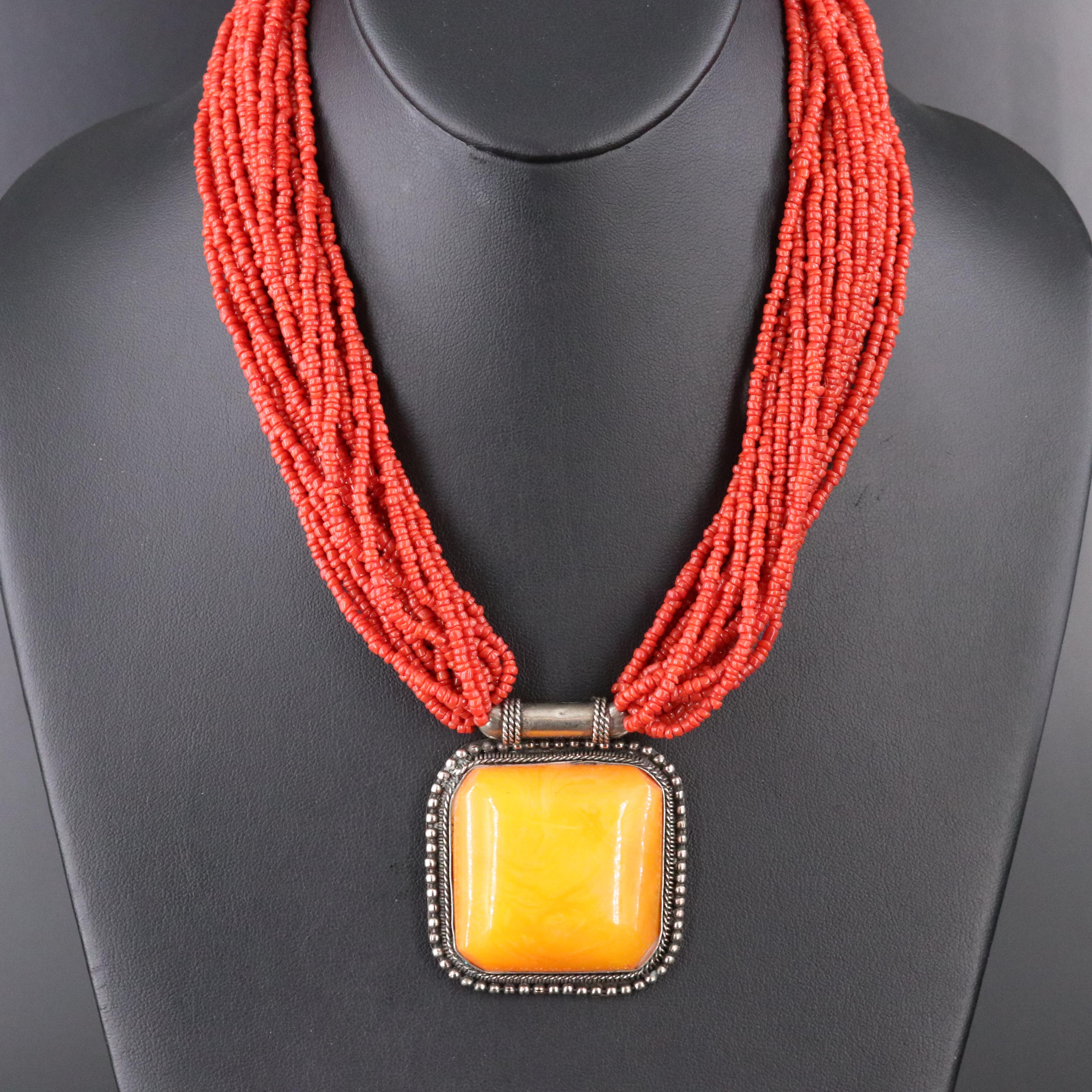 Faux Amber and Coral Beaded Necklace
