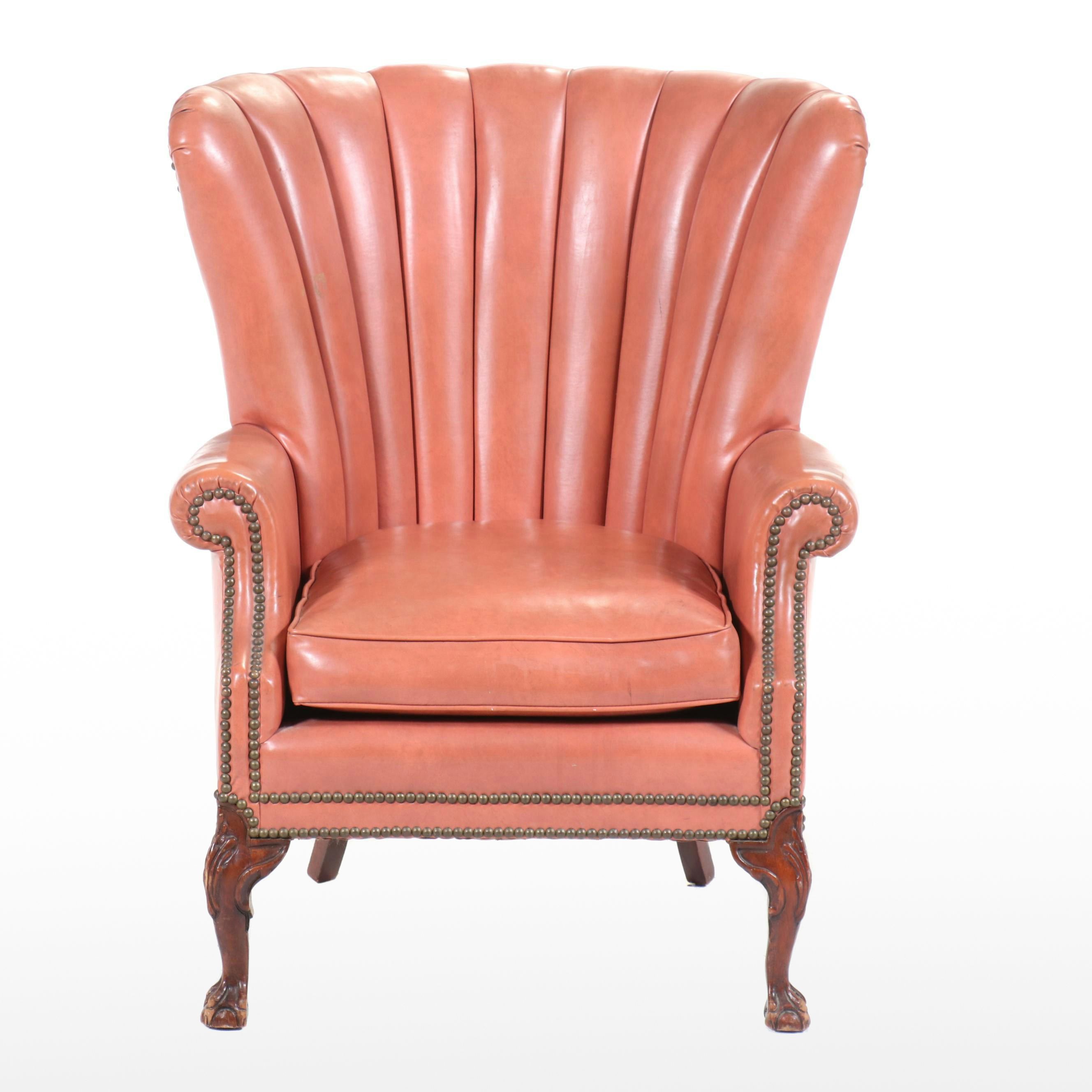 Art Deco Style Coral Vinyl Channel Back Armchair