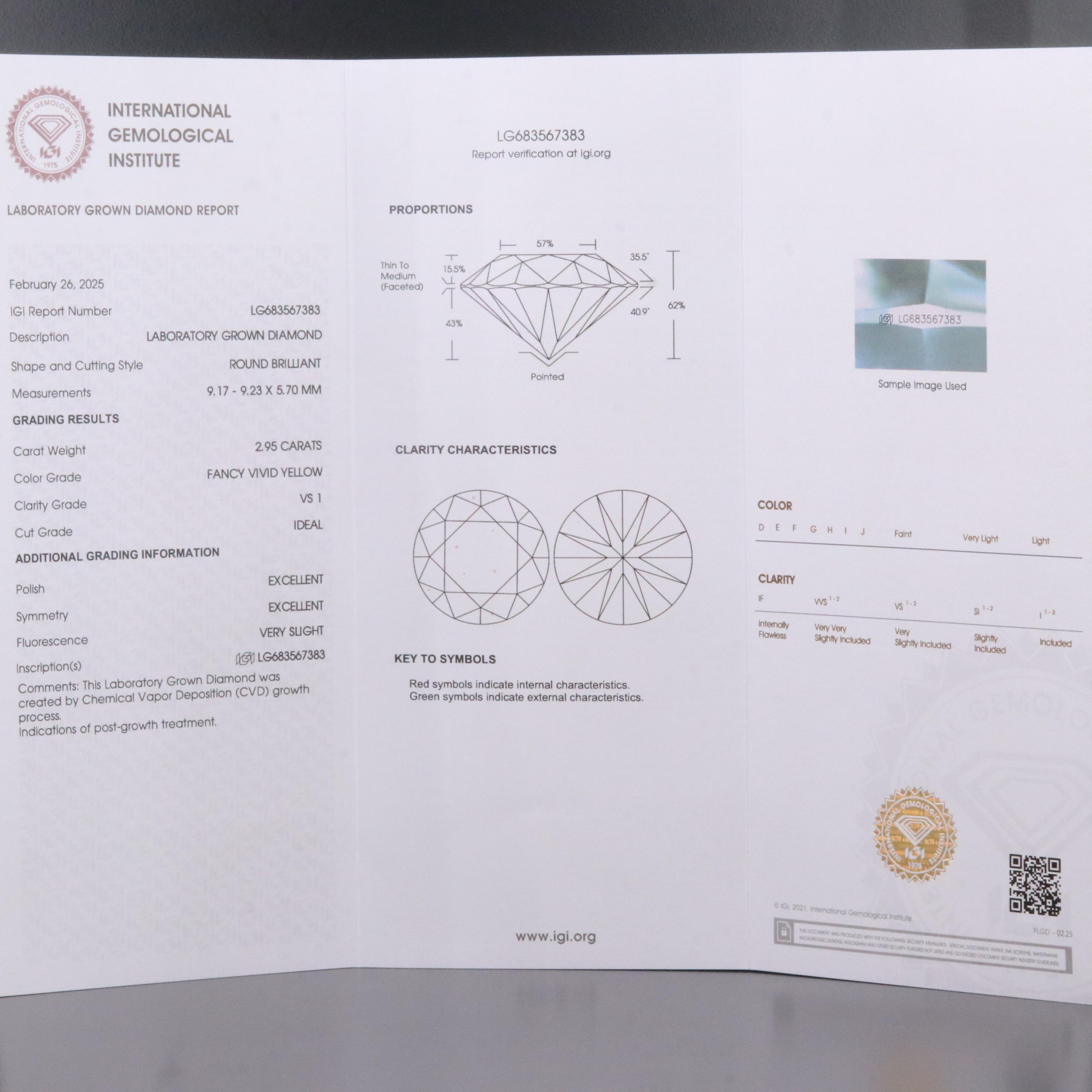 Loose 2.95 CT Lab Grown Fancy Yellow Diamond with IGI Report