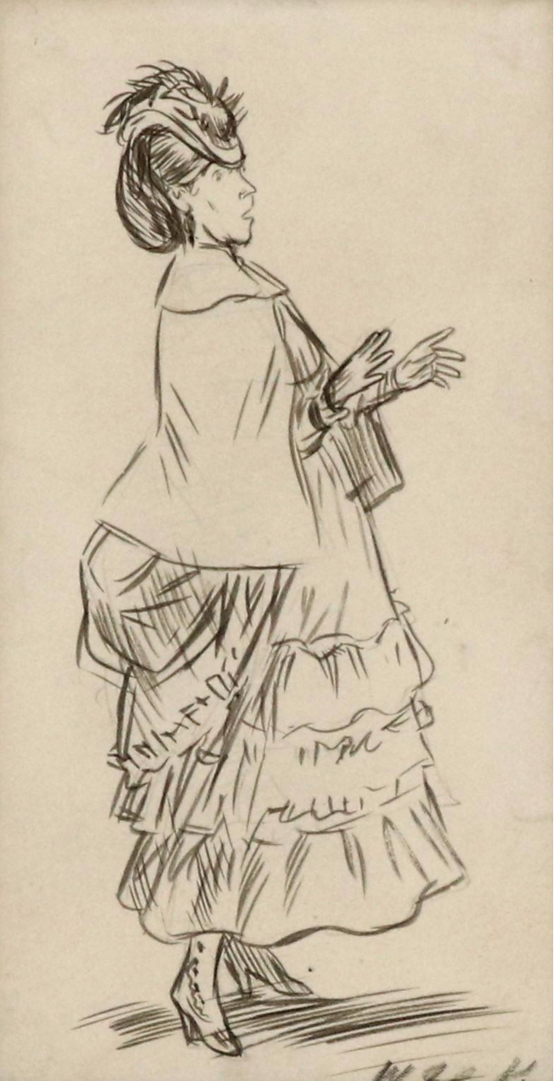 William Glackens Ink Drawing of Woman in Coat and Dress