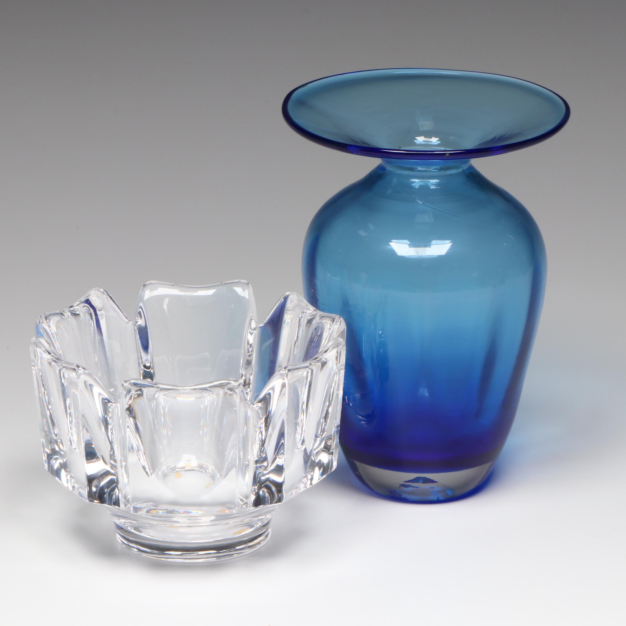 Orrefors "Corona" Crystal Bowl and Other Blown Blue Glass Vase