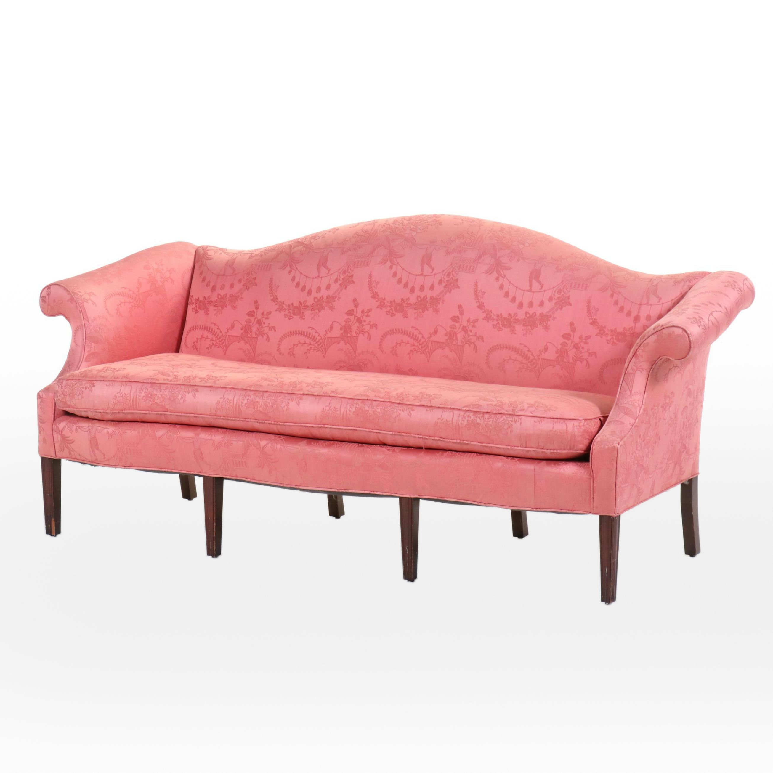 Chippendale Style Camel-Back Sofa in Chinoiserie Patterned Damask, Late 20th C.