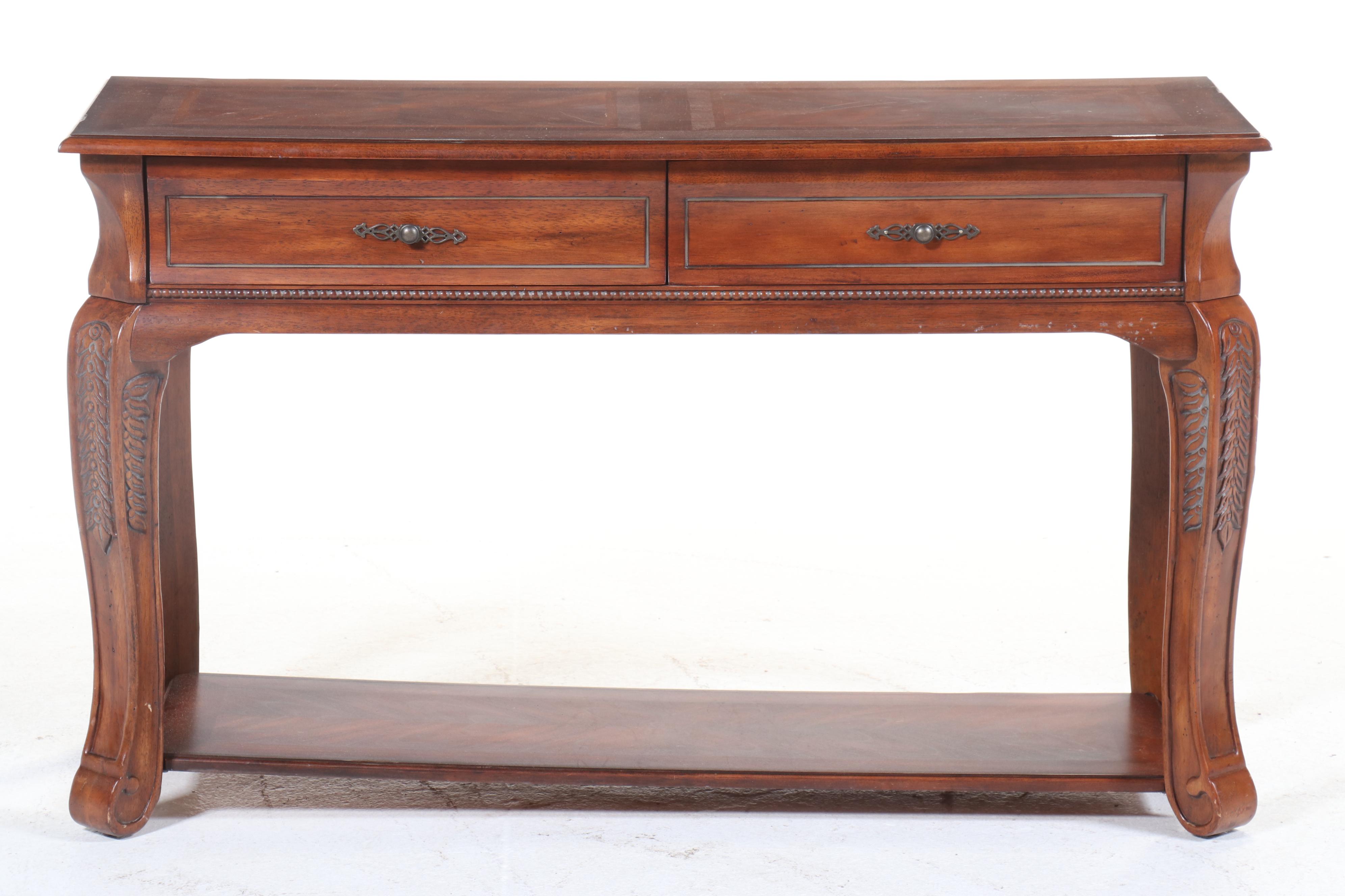 Klaussner Mahogany Bookmatch Inlaid Two-Drawer Console or Sofa Table