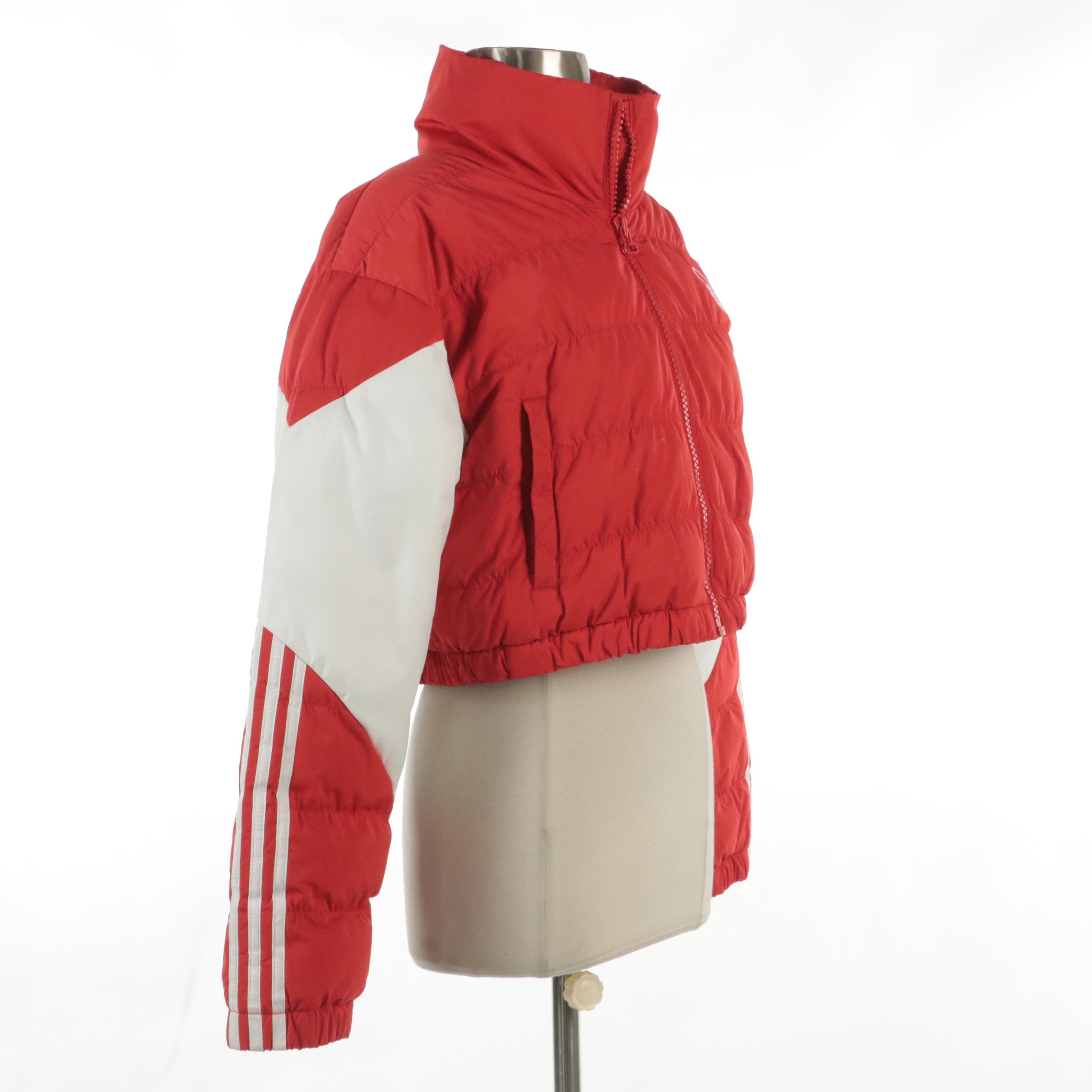 Adidas Cropped Zip-Up Puffer Jacket in Red and White