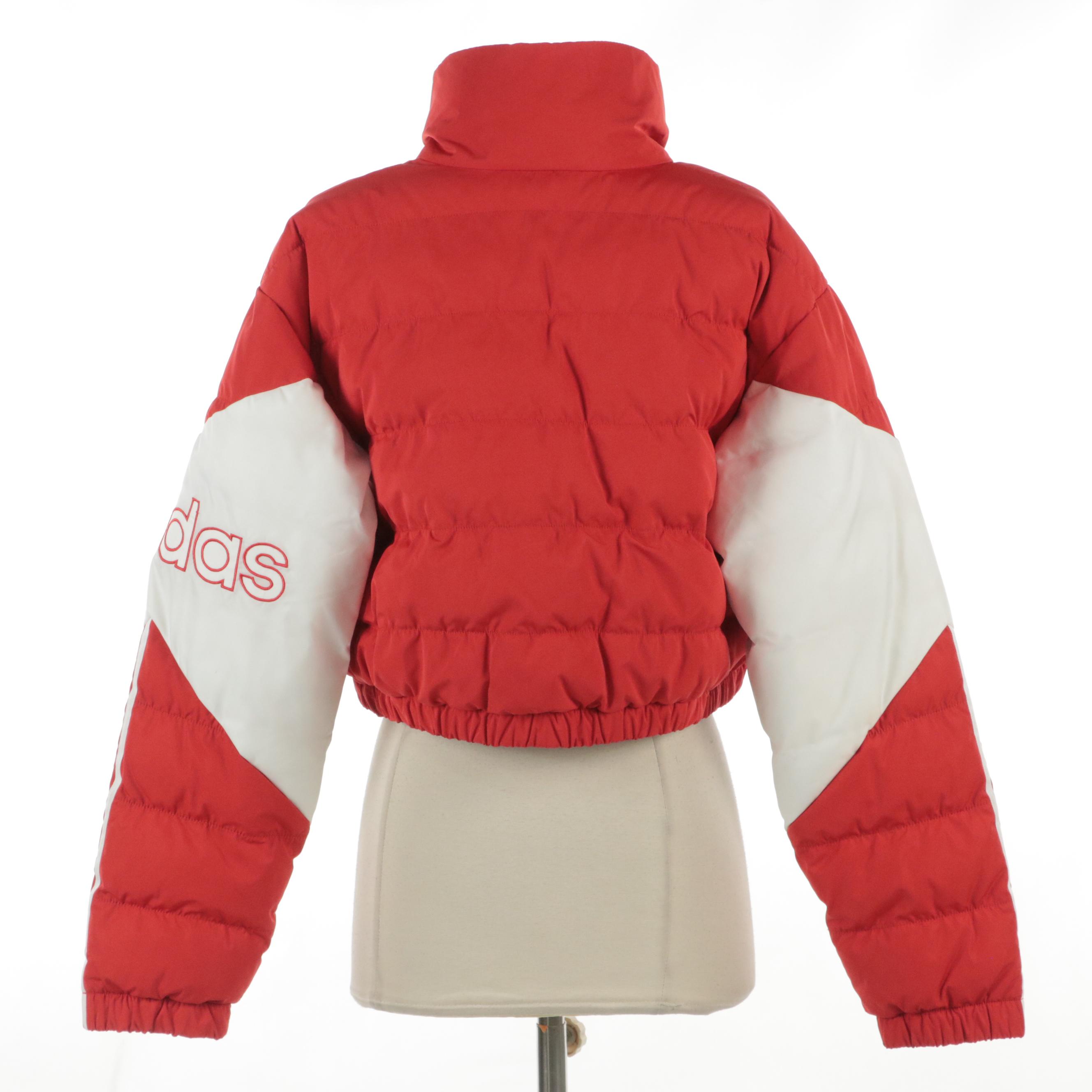 Adidas Cropped Zip-Up Puffer Jacket in Red and White