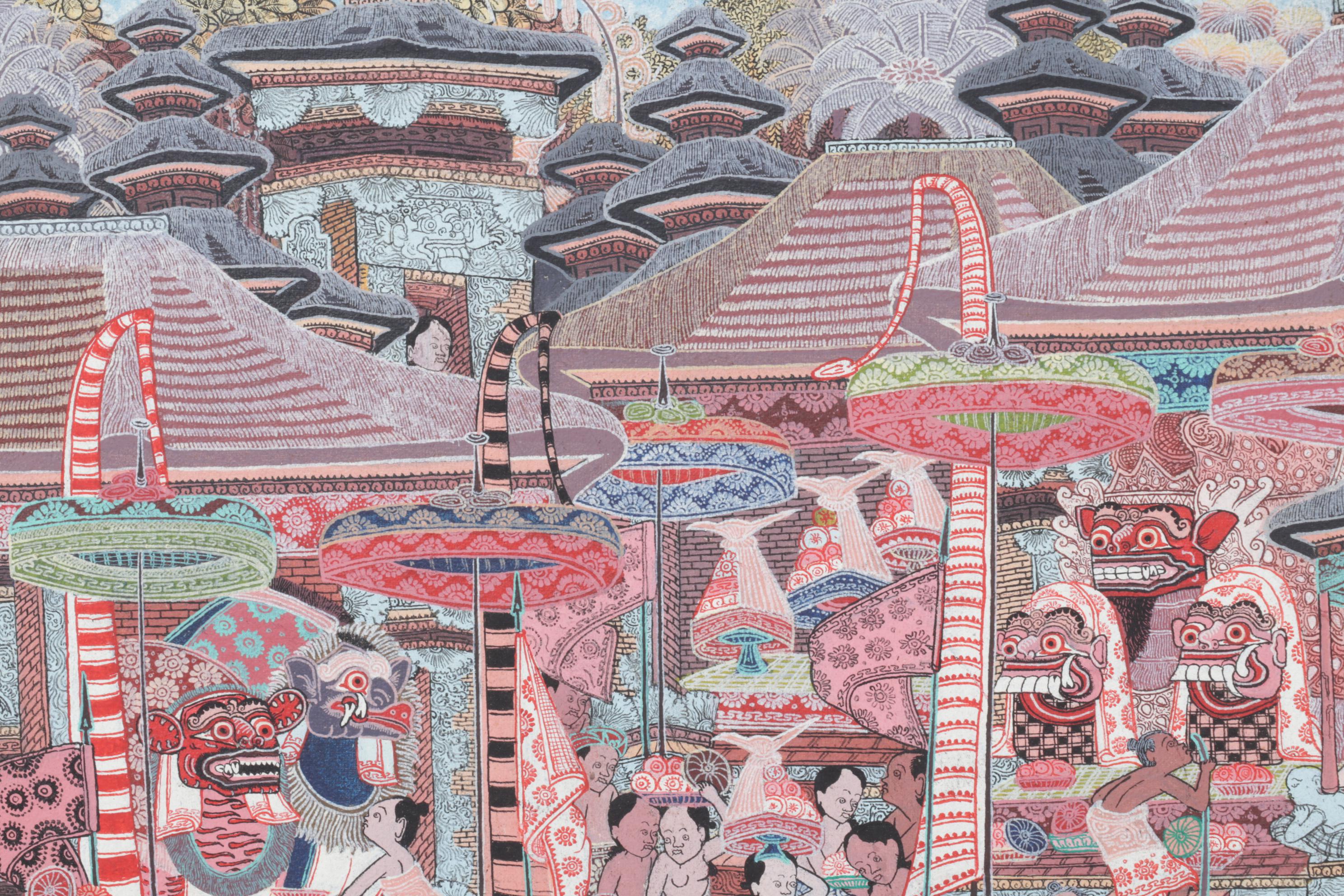 Balinese Kamasan Style Painting of Village Celebration and Shrines