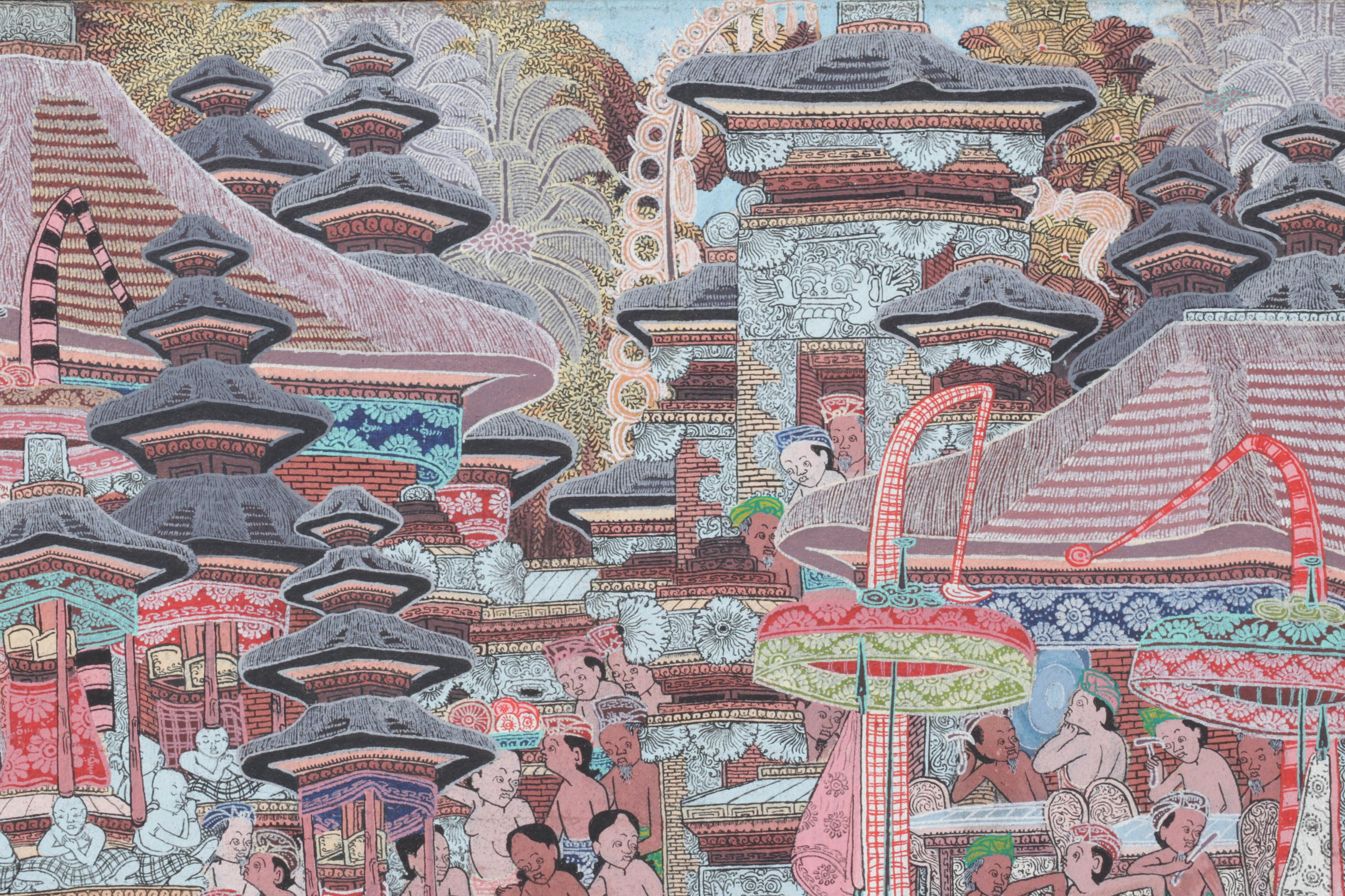 Balinese Kamasan Style Painting of Village Celebration and Shrines