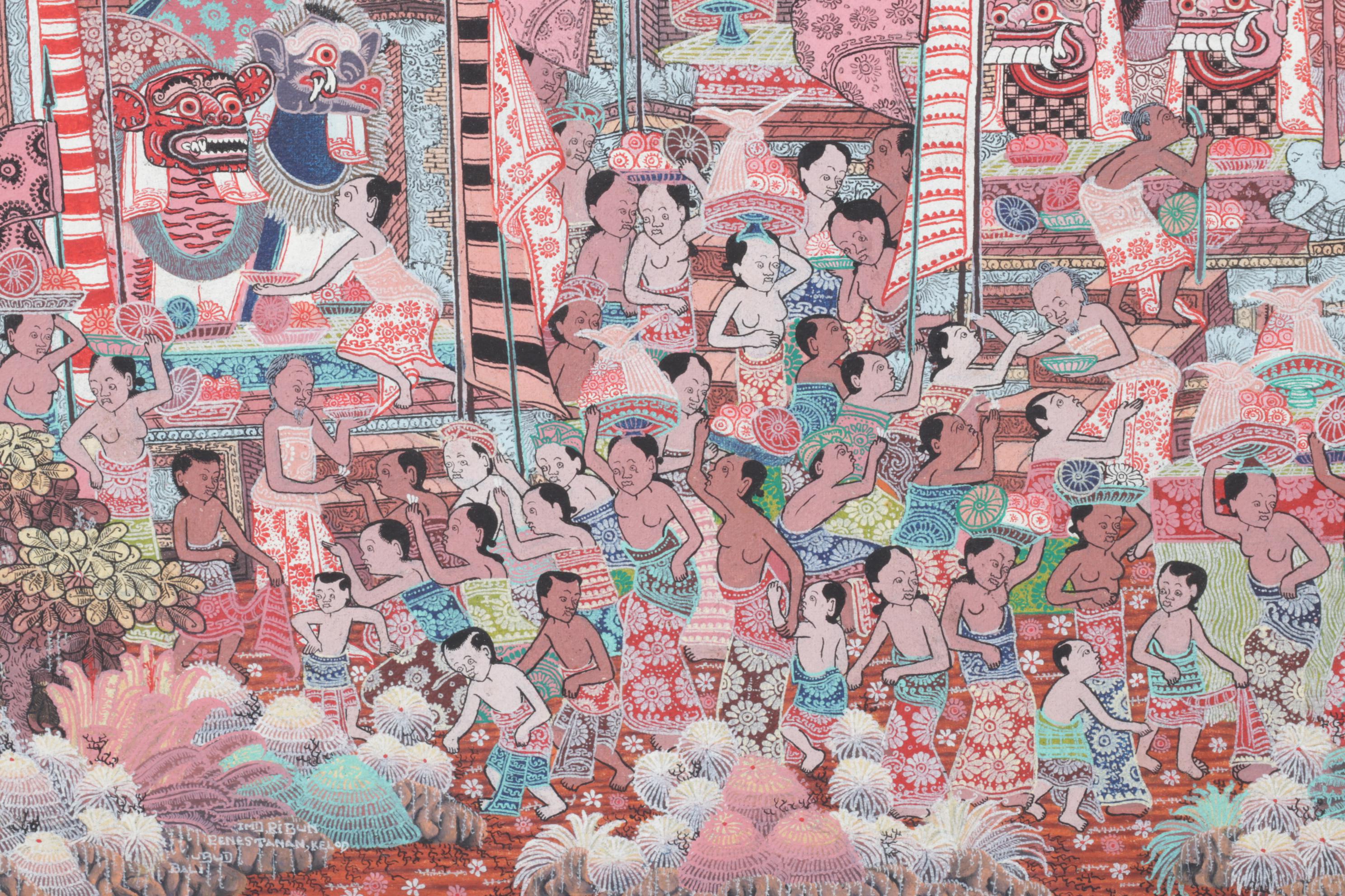 Balinese Kamasan Style Painting of Village Celebration and Shrines