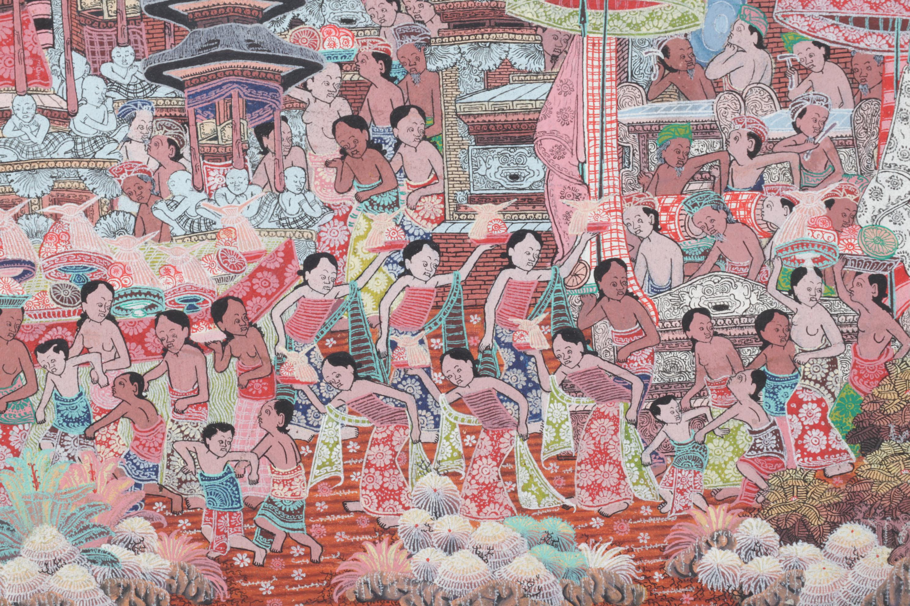 Balinese Kamasan Style Painting of Village Celebration and Shrines