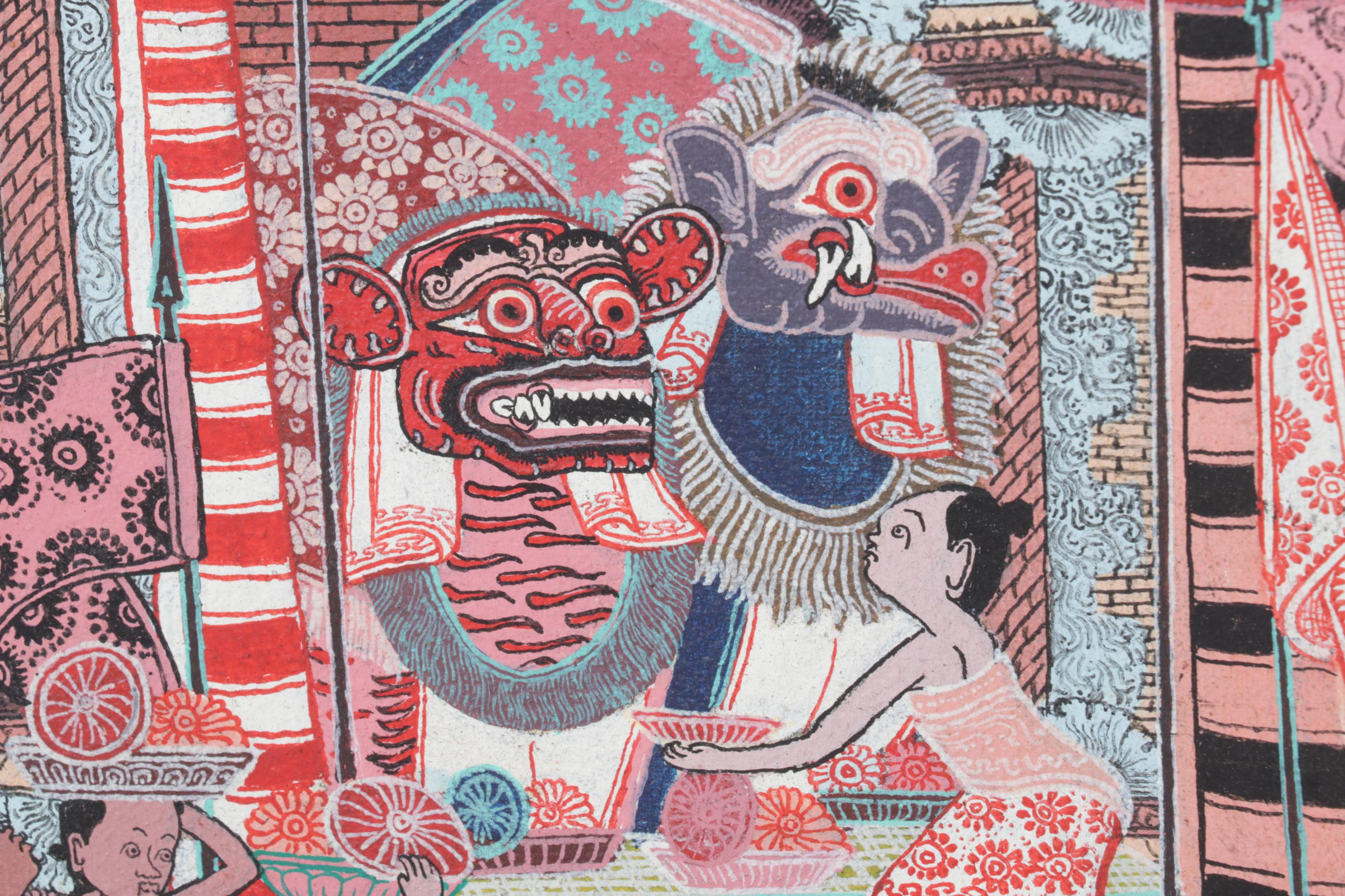 Balinese Kamasan Style Painting of Village Celebration and Shrines