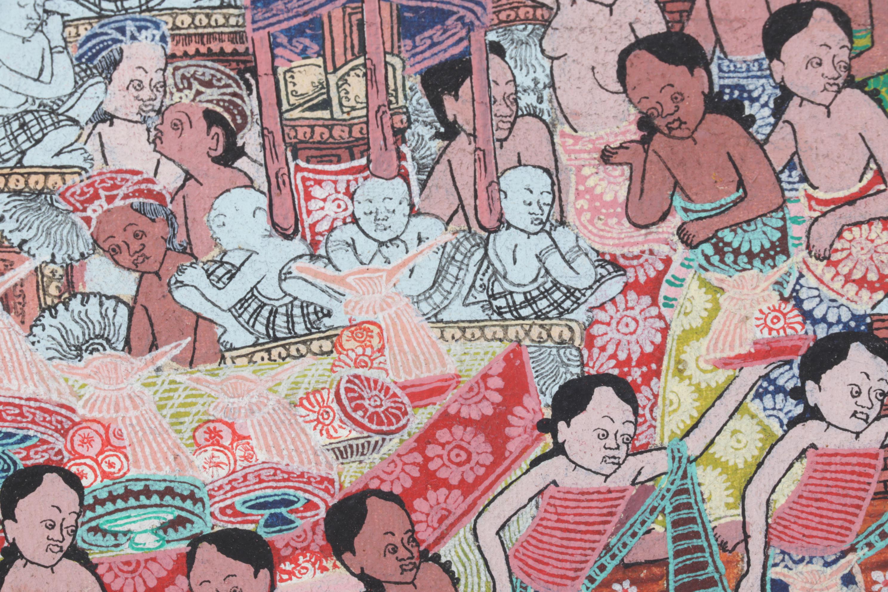 Balinese Kamasan Style Painting of Village Celebration and Shrines