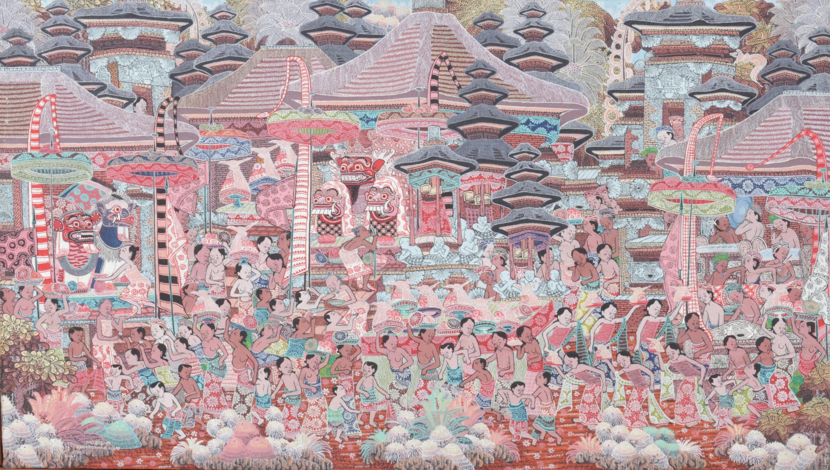 Balinese Kamasan Style Painting of Village Celebration and Shrines