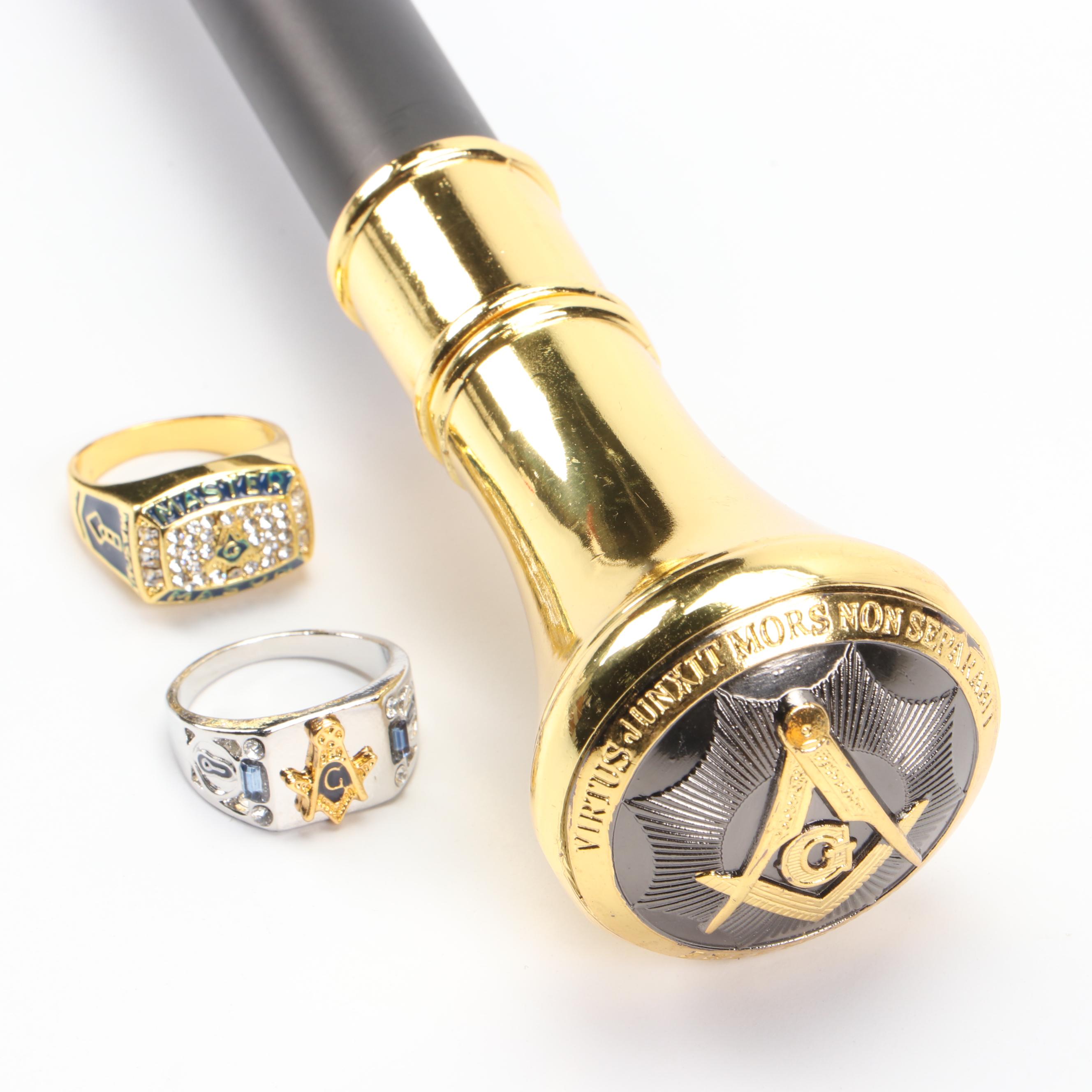 Masonic Handled Cane with Embellished Rings