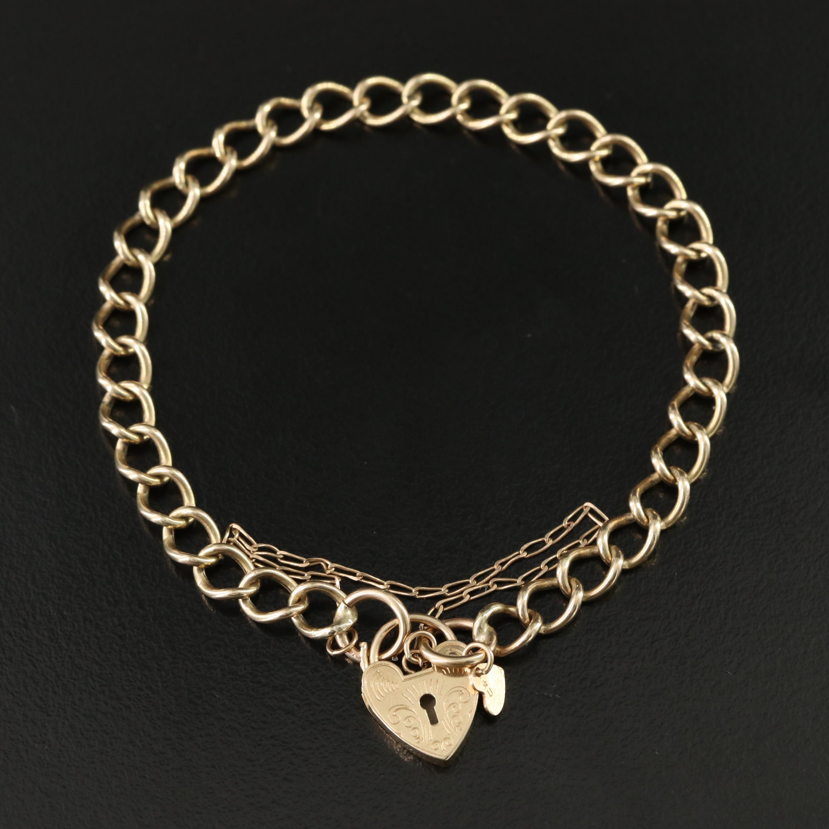 Victorian Revival 9K Heart Padlock and Curb Chain Bracelet