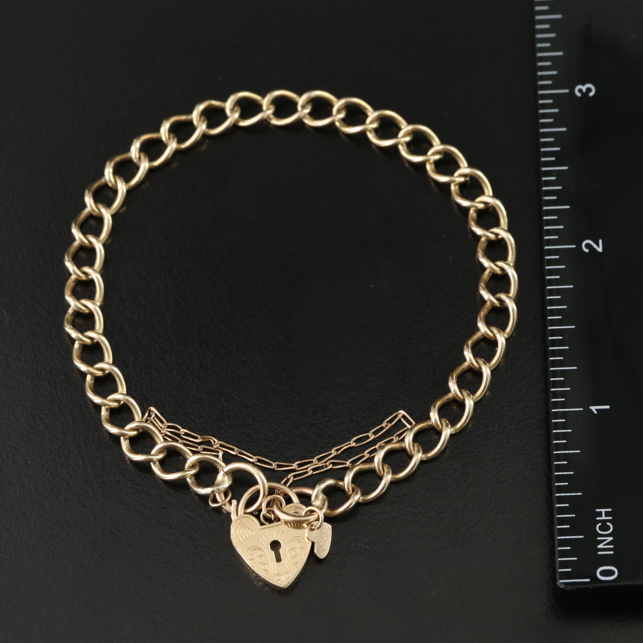 Victorian Revival 9K Heart Padlock and Curb Chain Bracelet