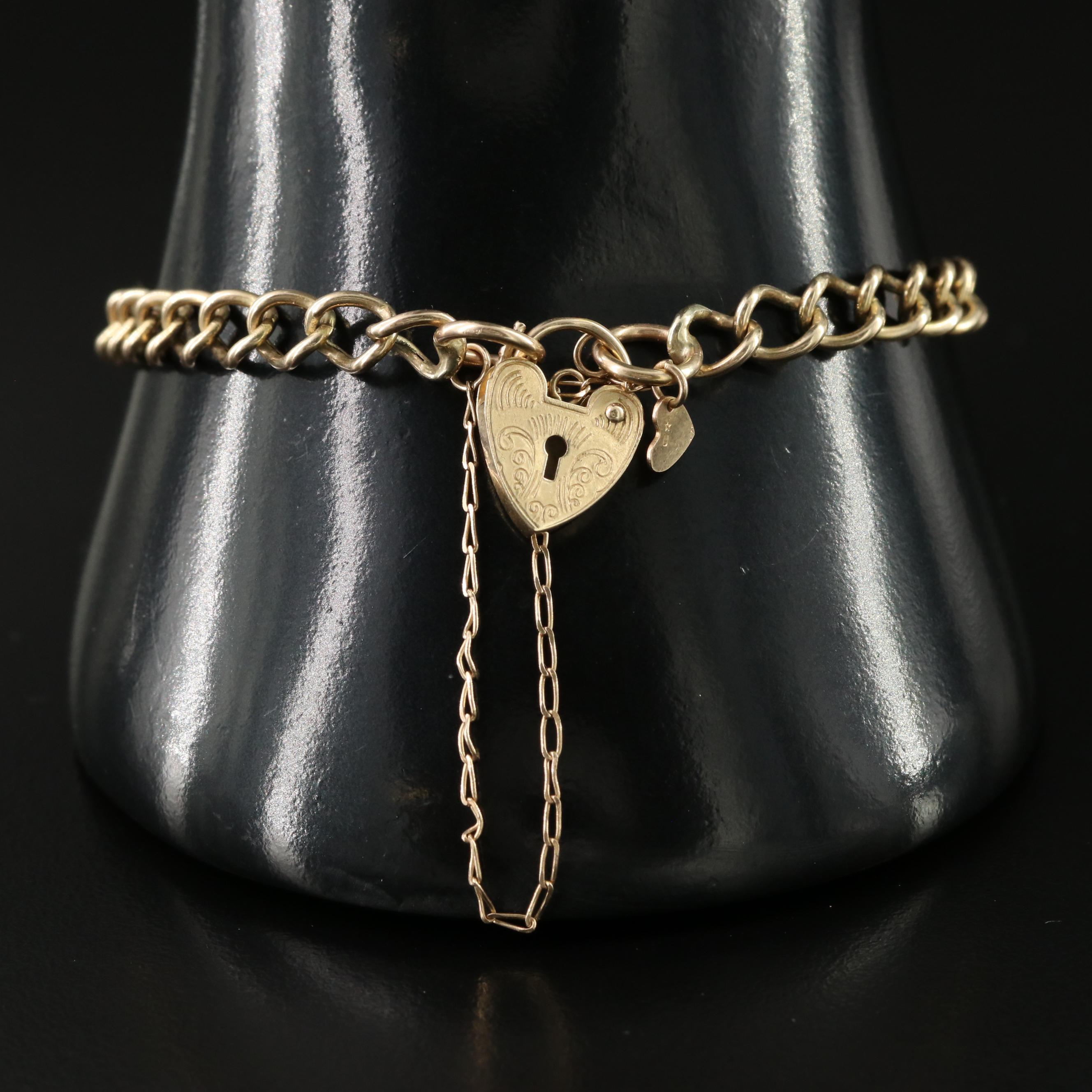 Victorian Revival 9K Heart Padlock and Curb Chain Bracelet