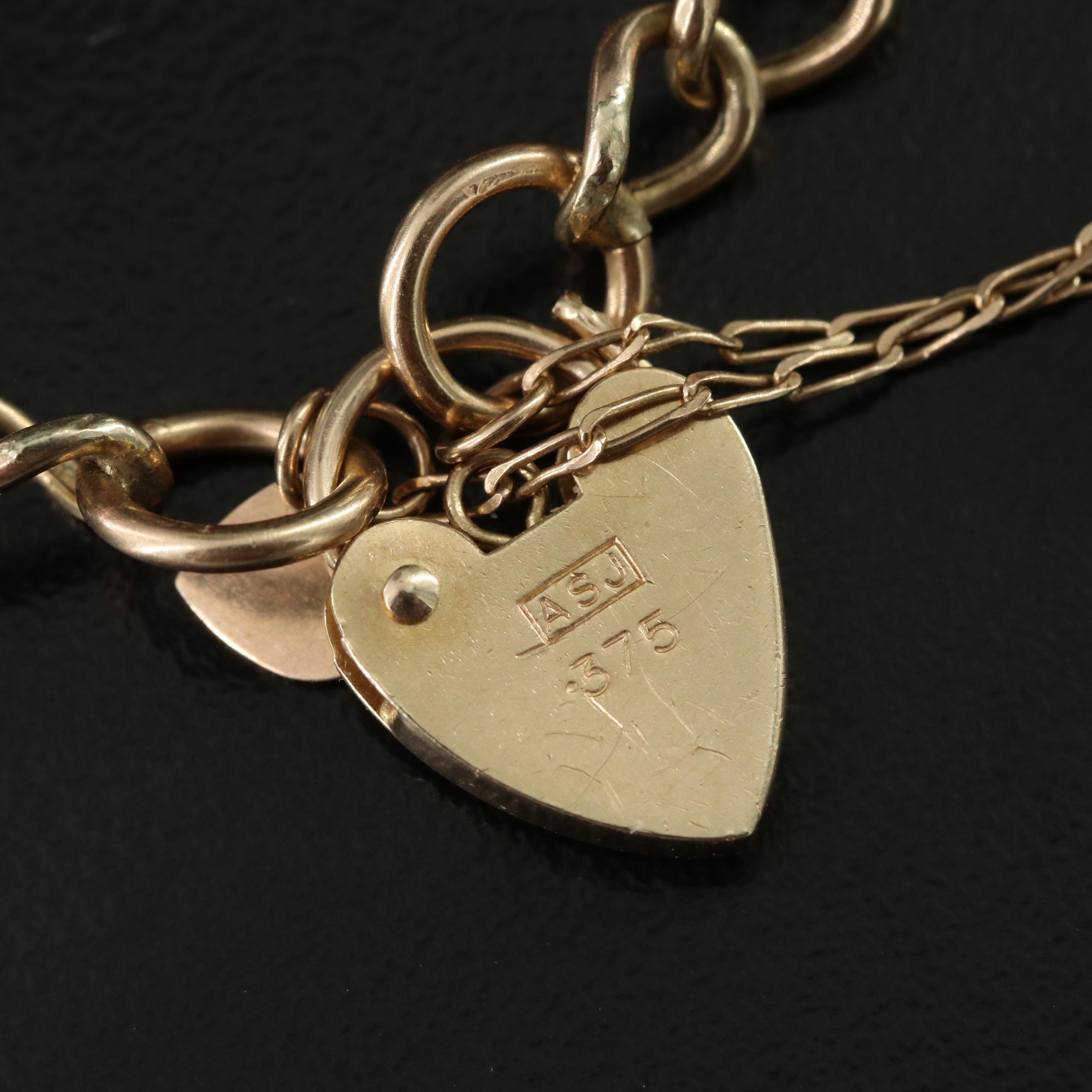 Victorian Revival 9K Heart Padlock and Curb Chain Bracelet