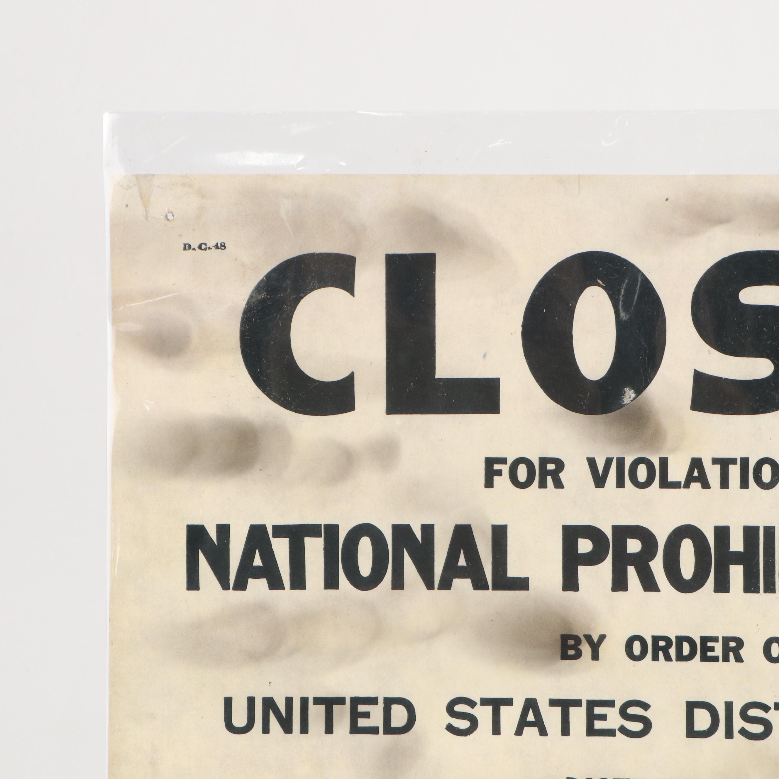 "Closed for Violation of National Prohibition Act" Paper Sign
