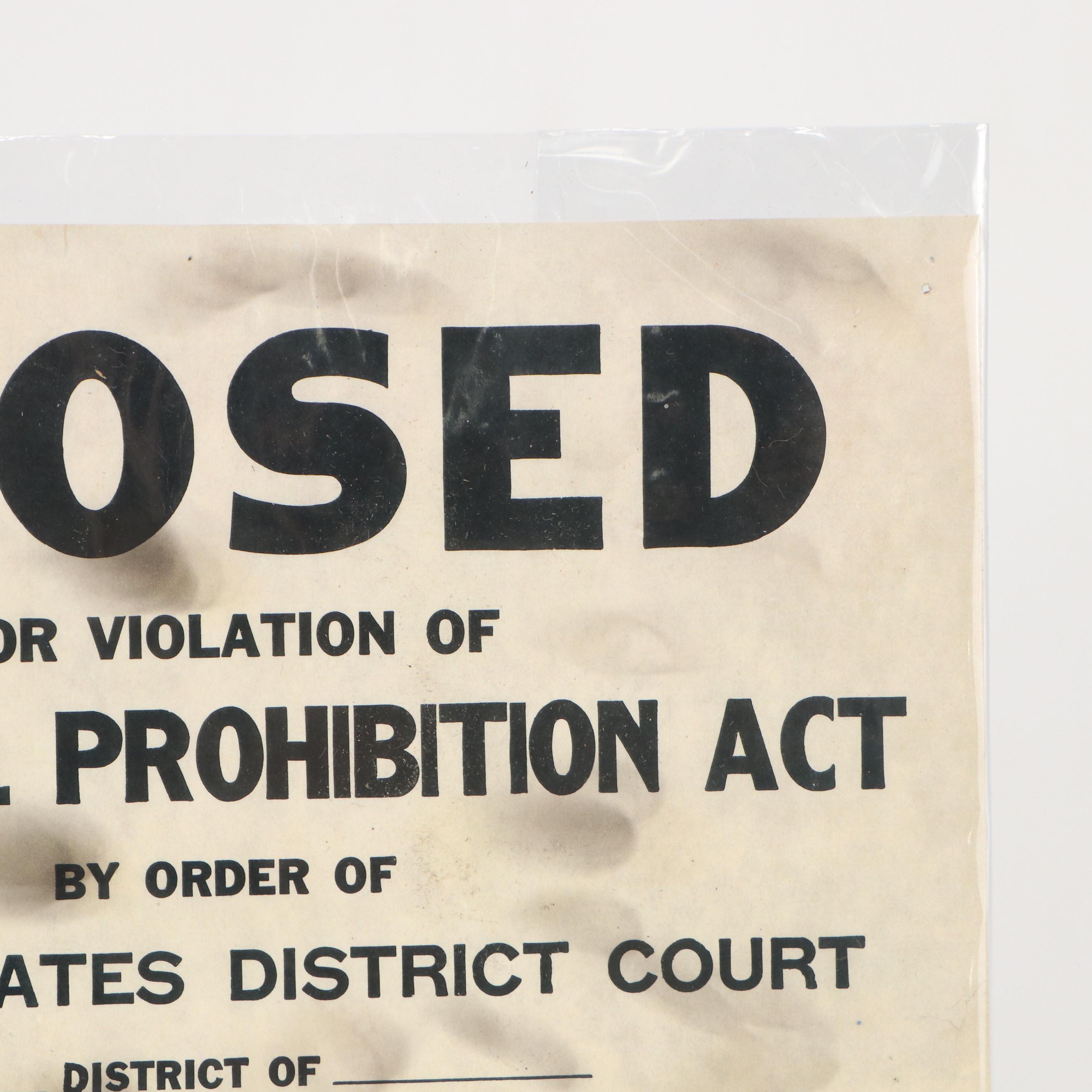 "Closed for Violation of National Prohibition Act" Paper Sign