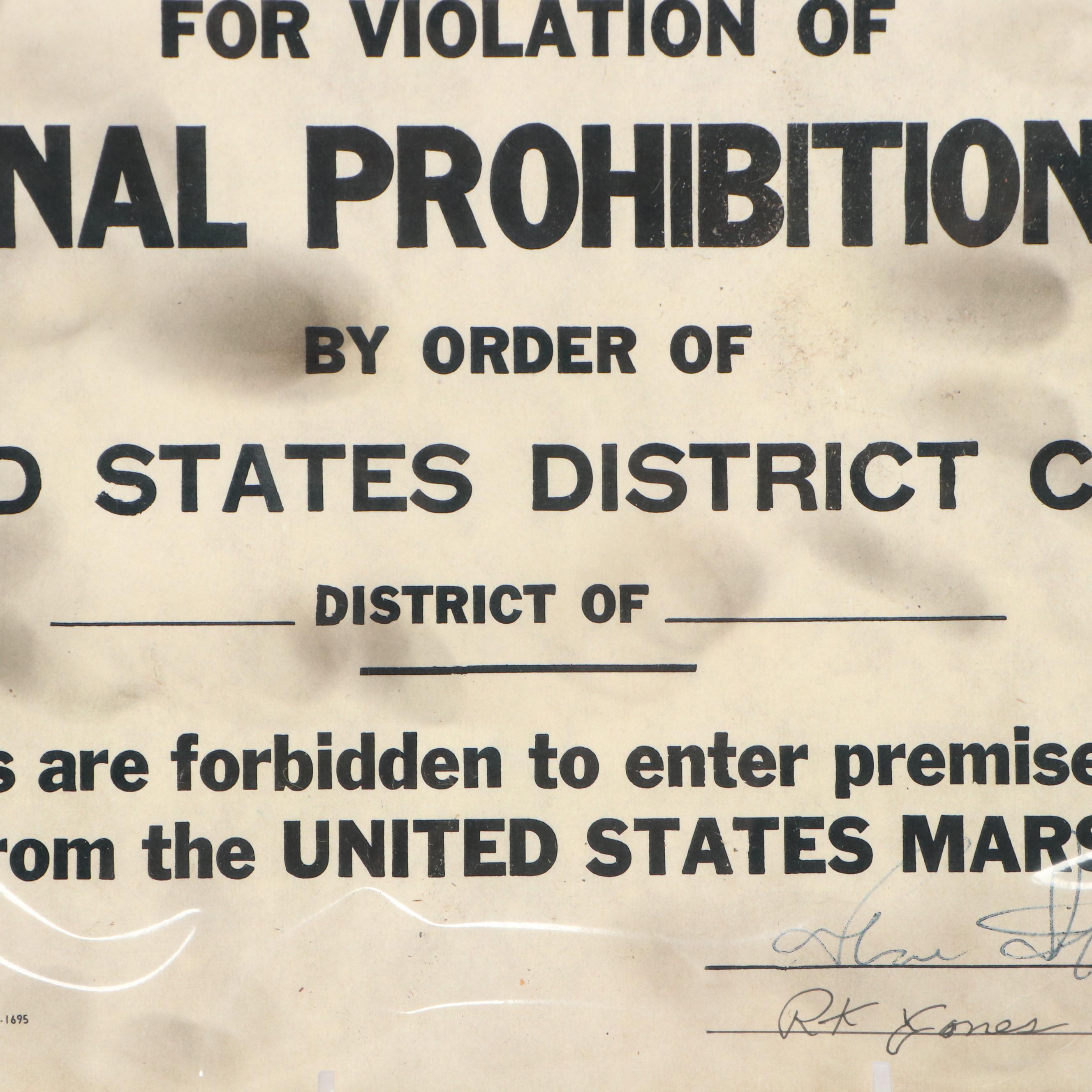 "Closed for Violation of National Prohibition Act" Paper Sign