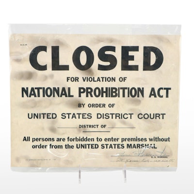 "Closed for Violation of National Prohibition Act" Paper Sign "Closed for Violation of National Prohibition Act" Paper Sign