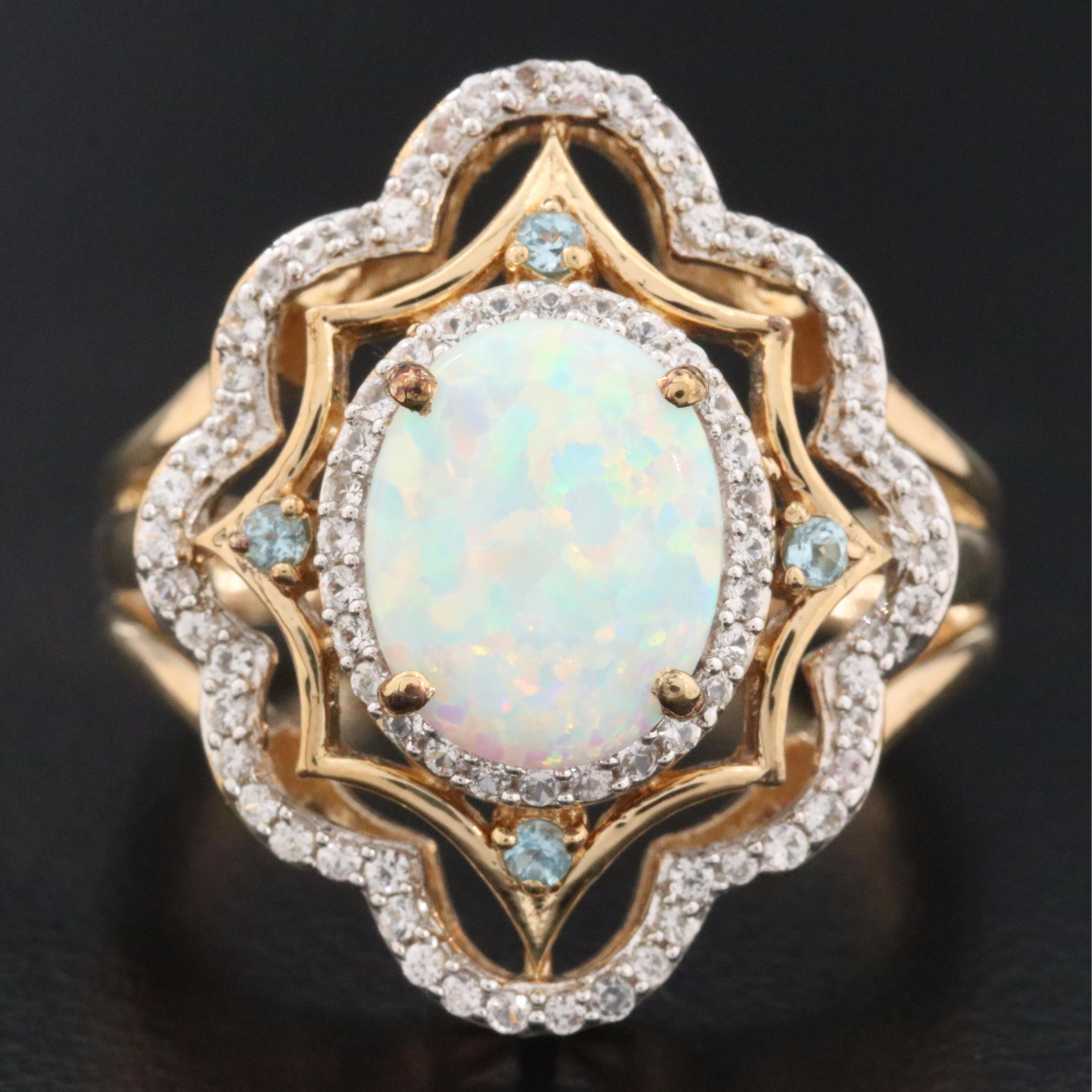 Sterling Opal, Topaz and Sapphire Ring
