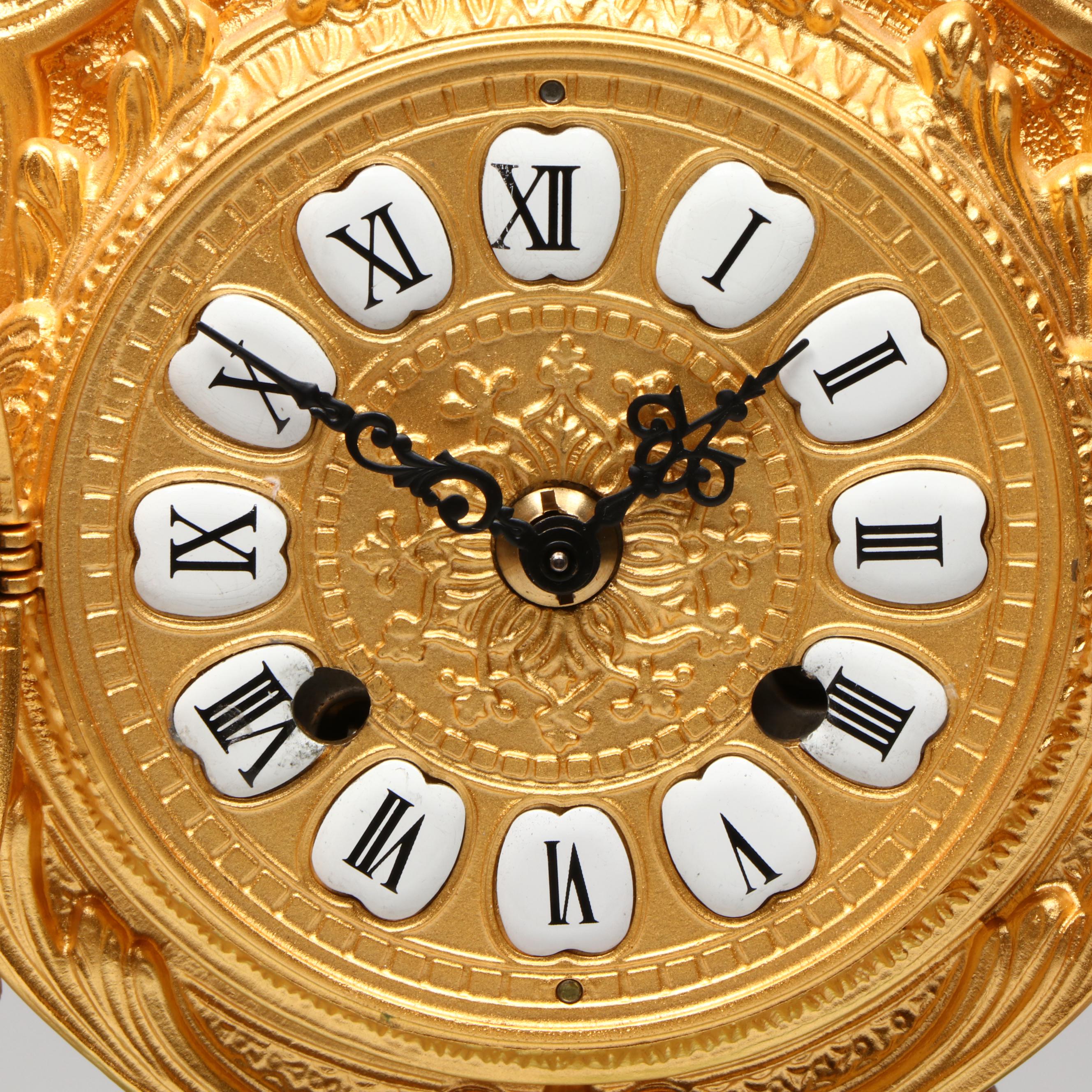 Lancini Italian Rococo Gilt Metal and Malachite Tiled Mantle Clock with Satyroi