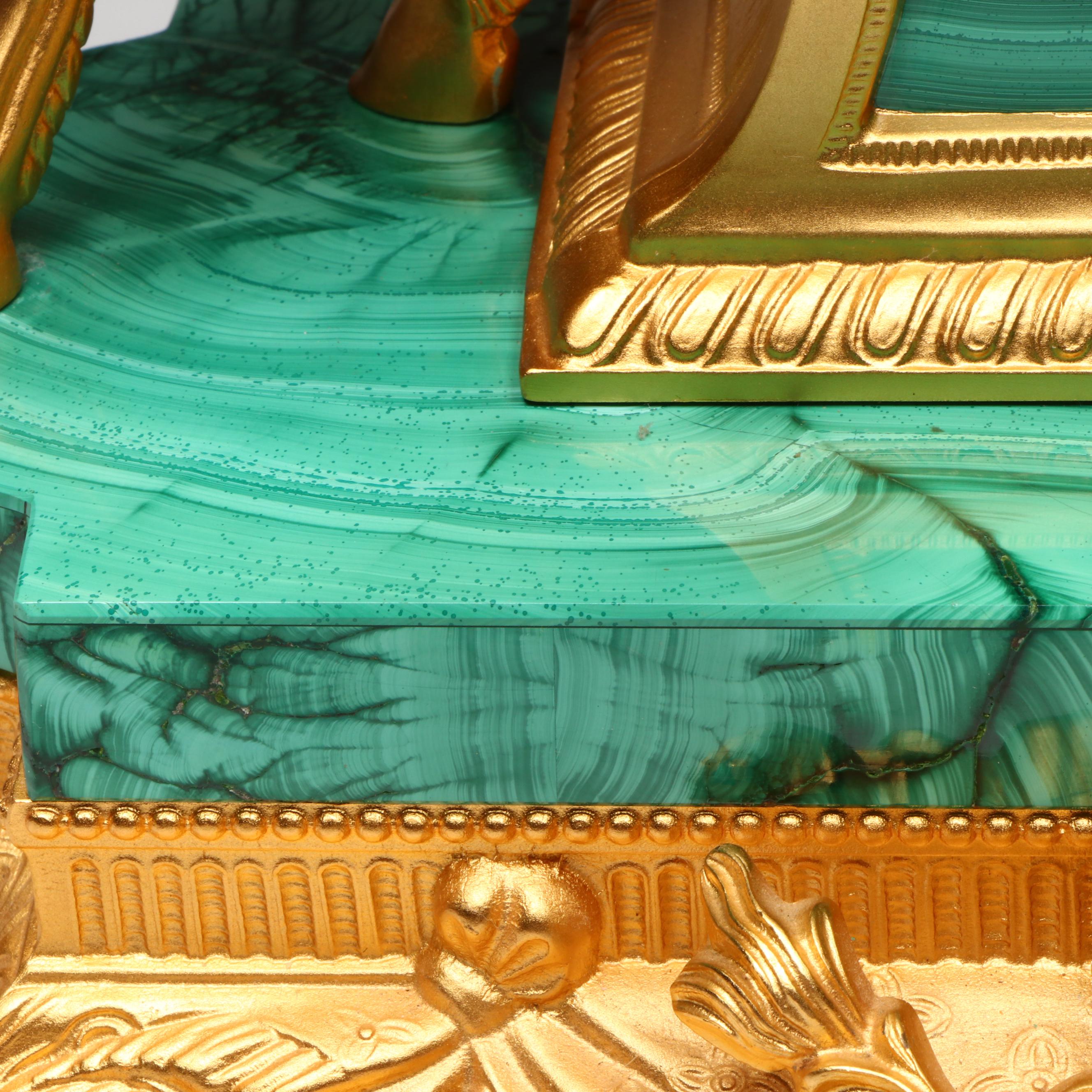 Lancini Italian Rococo Gilt Metal and Malachite Tiled Mantle Clock with Satyroi