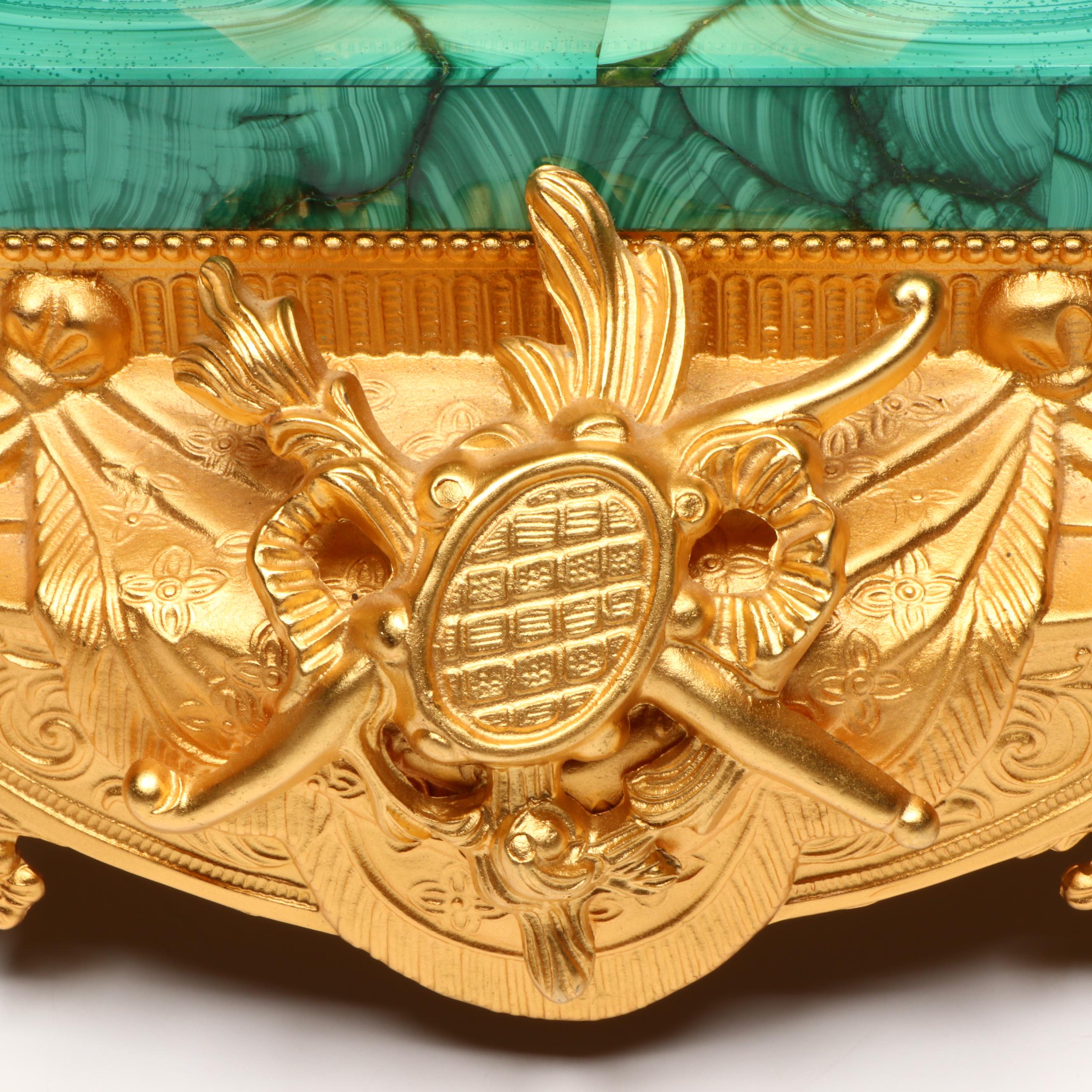 Lancini Italian Rococo Gilt Metal and Malachite Tiled Mantle Clock with Satyroi