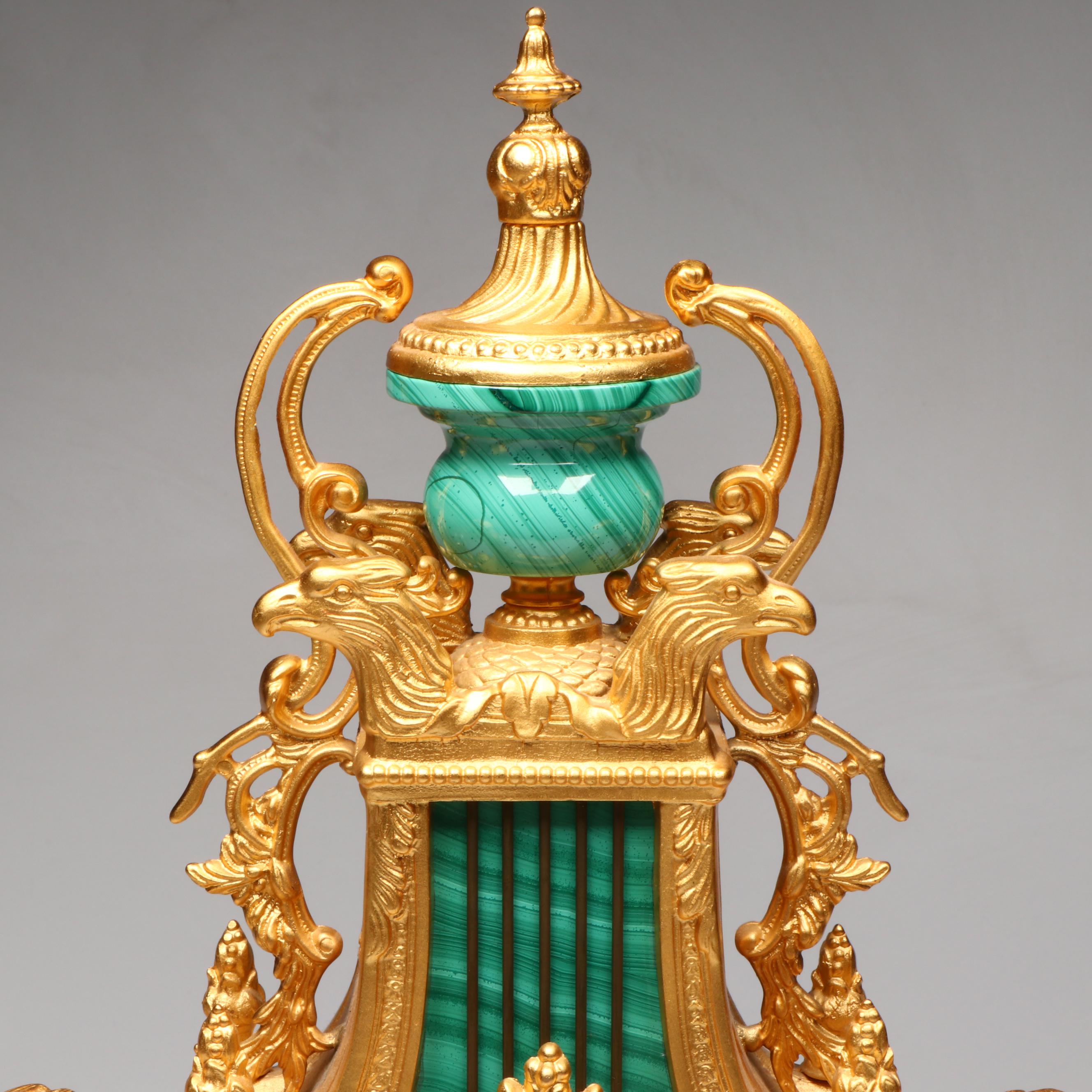 Lancini Italian Rococo Gilt Metal and Malachite Tiled Mantle Clock with Satyroi